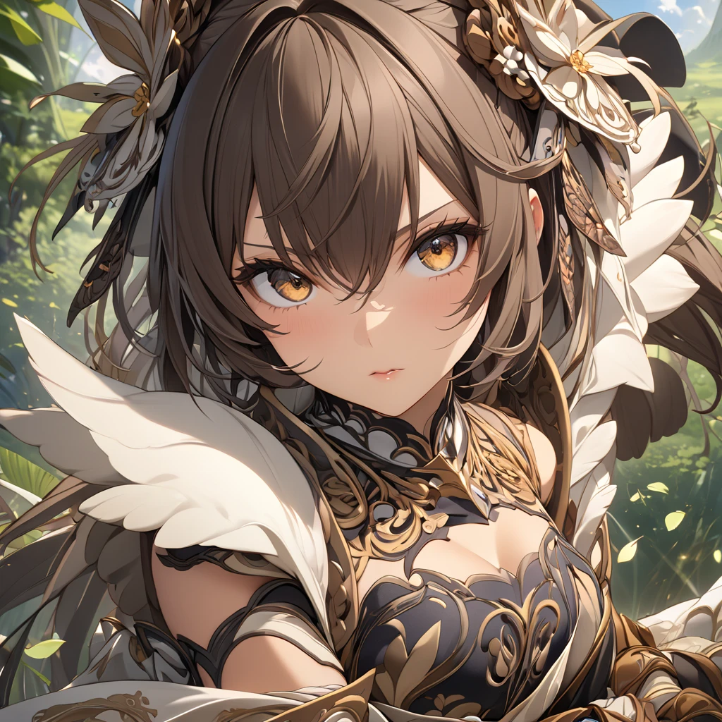 (masterpiece}, { high definition }, { good anatomy }, ( best quality), ( very delicate and beautiful ), (8k CG wallpaper), (Illustration), 1人の girl,  sharp eyesight 、 brown skin、 wild、natural 、 girl、Ready for battle