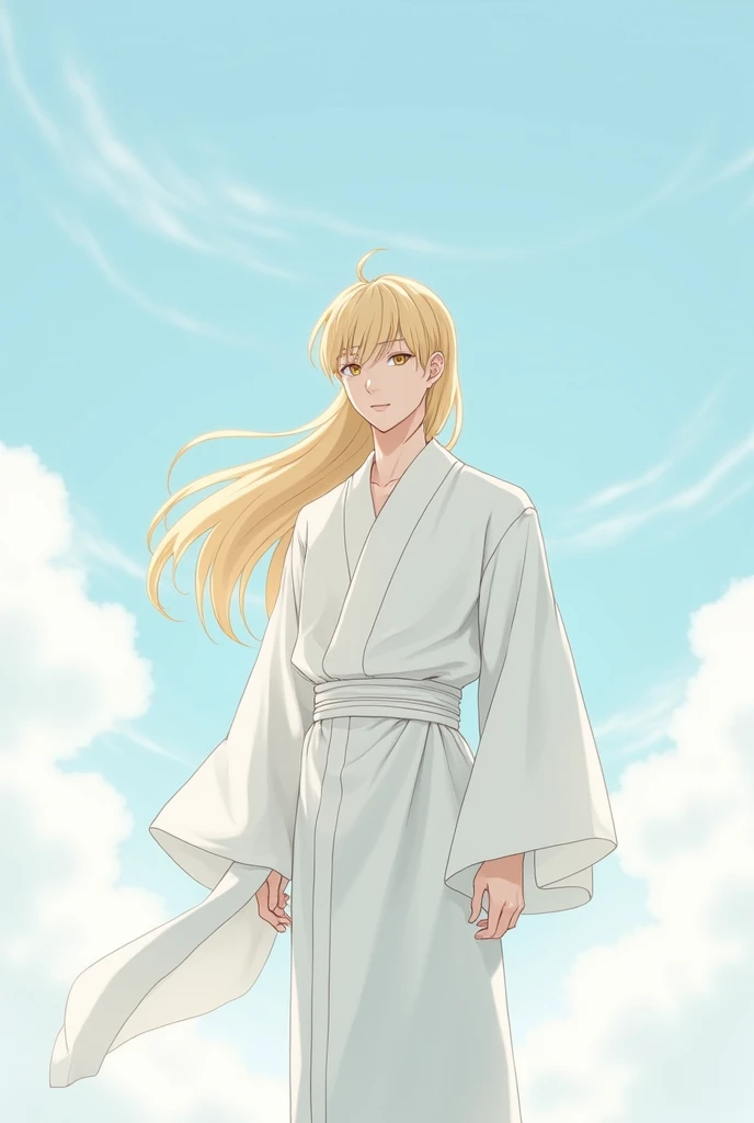 Portrait of a young anime man, clear sky, minimalist art, Japanese manga style, clouds, line drawing, white kimono, no sense of light, small head, long blonde hair, beautiful composition, 8k