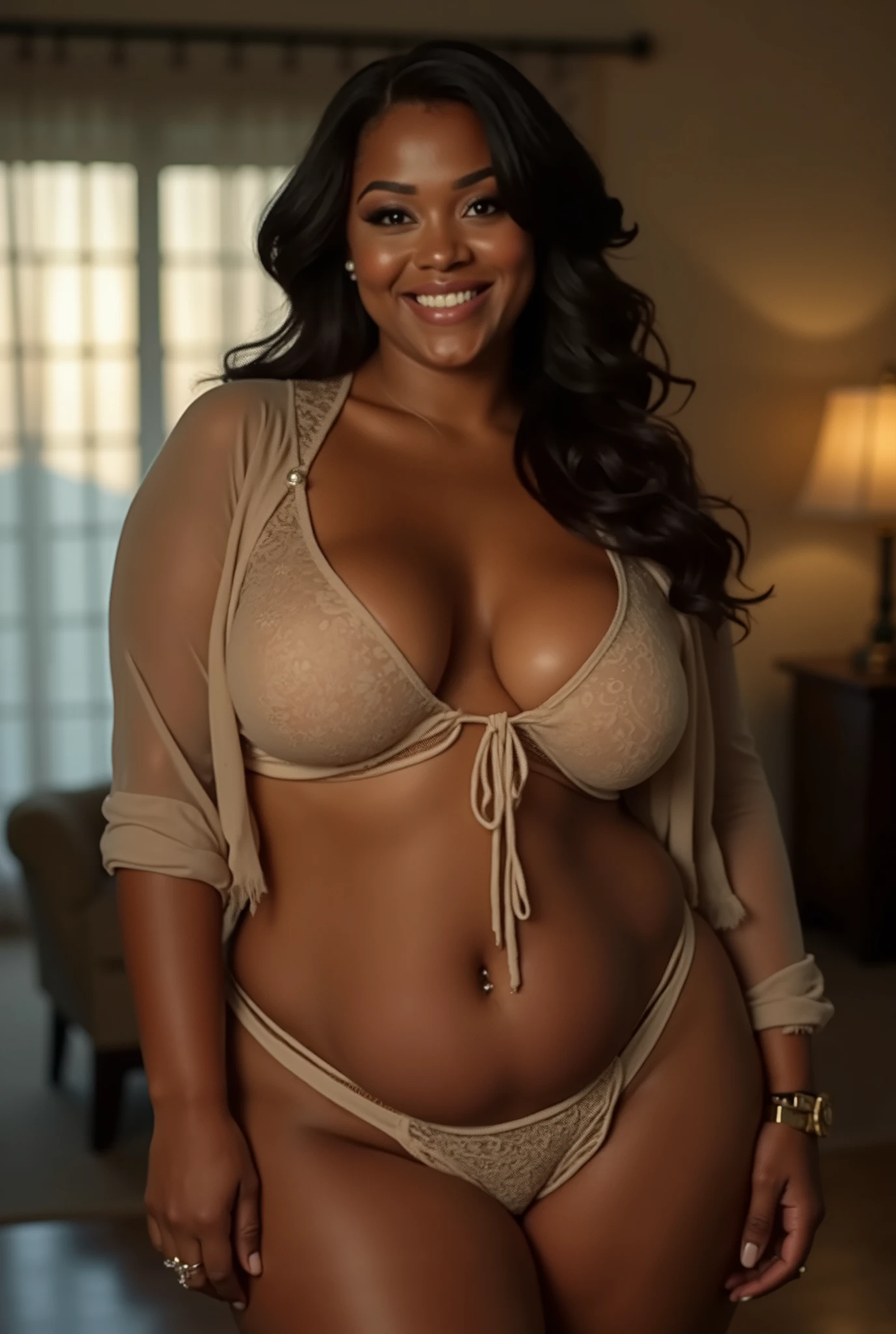 Ebony girl, long curly hair, REALLY EXTREMALY huge breasts and thighs, milf, full naked, cameltoe pussy, smiling
