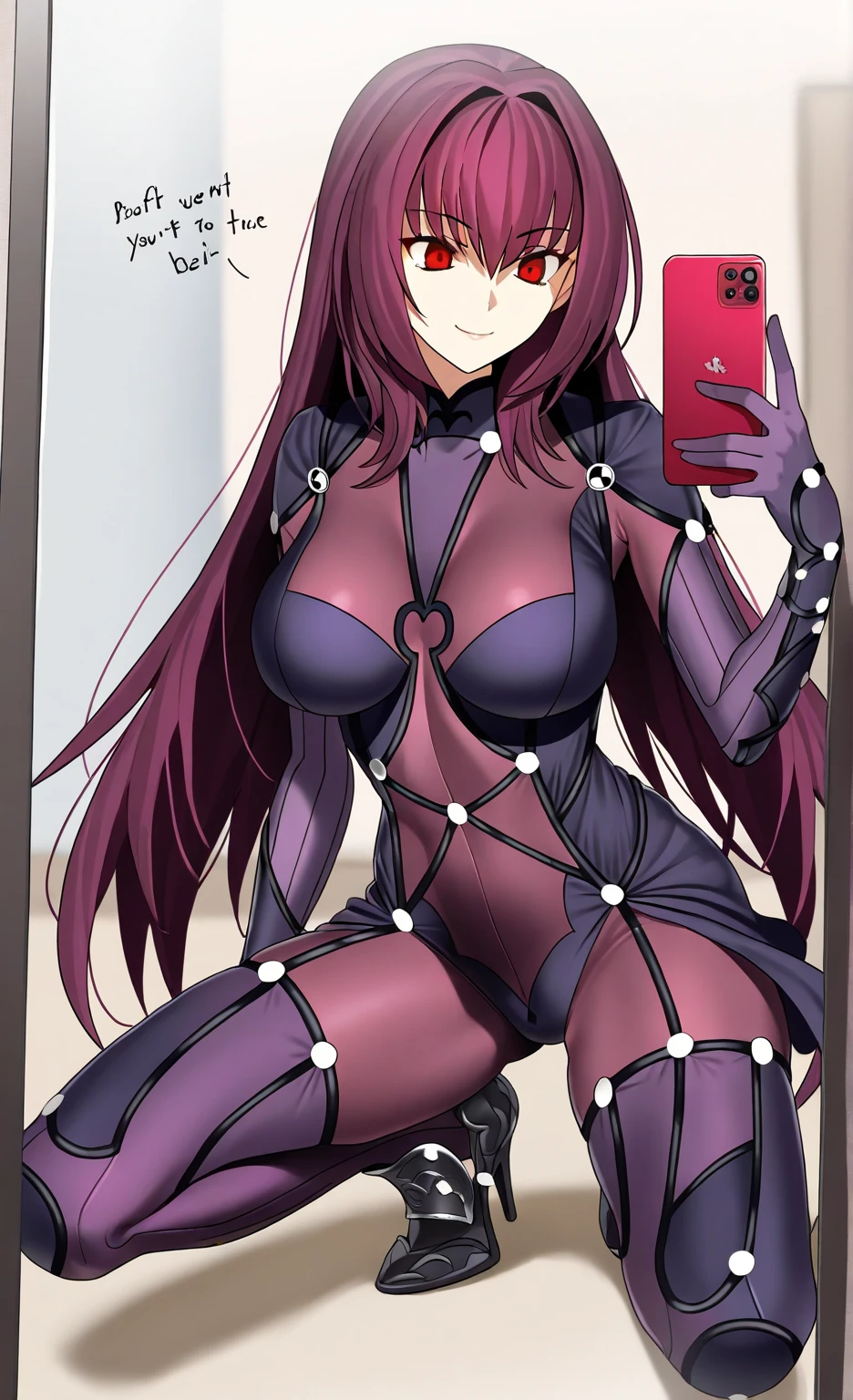  High resolution,  masterpiece, necessary,  The best quality, Detail, quality,  lyrics,  very detailed, Desde lejos, full body,

1girl, solo, smile,

Scathach,  scathach fate ,  scathach fate  grand order,  long hair , red eyes,  tight suit

1 Smartphone, selfie, mirror