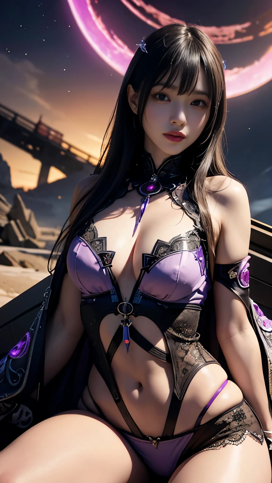 purple female necromancer , Blood Moon, ray tracing, masterpiece, best quality, Ultra Quality , absurd detail, best Light, sharp, sharp image, Details, extremely Details, high definition , 16k, 超 high definition , Particle Effects , Beautiful Effects, bright color , neon Light, neon, Light、超A high resolution 、 octane rendering 、( Ultra Realistic Details )、 Portrait、Ultra-realistic textured face and skin、( perfect anatomy )、 CGSoation Trends 、 beautiful symmetrical face 、 Dark Fantasy 、Knee、複雑で Detailsな背景、 fantastic background、 outer space