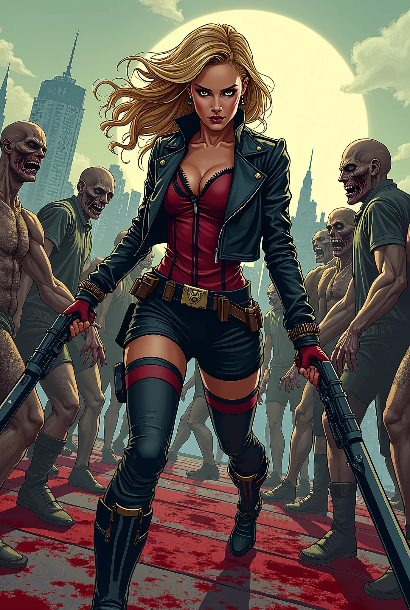 Blonde in yoga clothes leading a legion of undead, Short hair GIRL, Fantastic pretty face, Yellow with axe marks visible, Leggings, Yellow off-the-shoulder training jacket, Dark eyebrows, Big, A slender waist, Breast exposure, The navel is visible, Leading a group of undead in suits in front of a pedestrian crossing. Mixed, DETAIL, big size ass, large full breasts, The Legion of the Undead is well aligned.