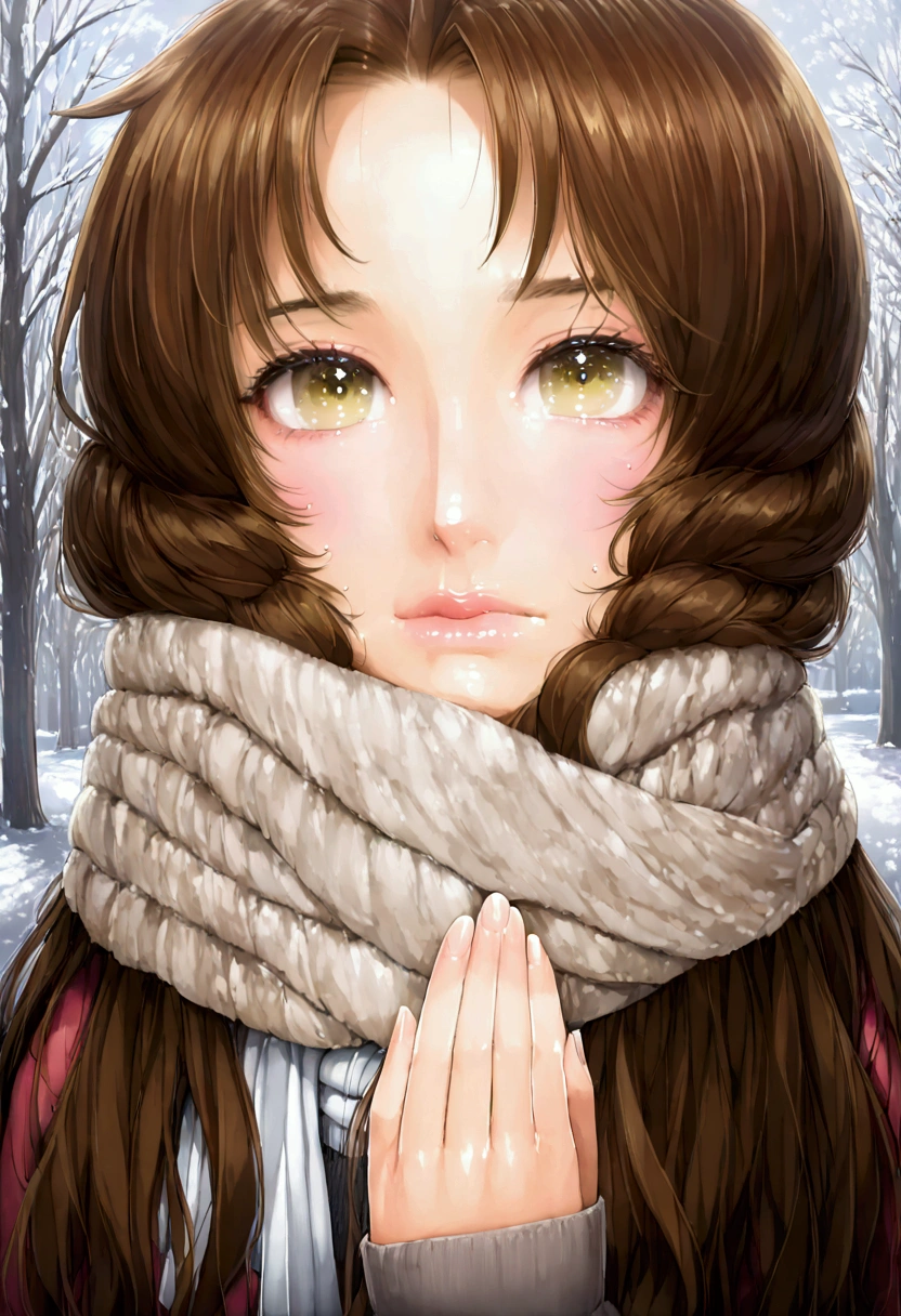 Beautiful anime woman, wearing a scarf around her neck, winter day, brown hair and a cold face, calm and stiff, cute