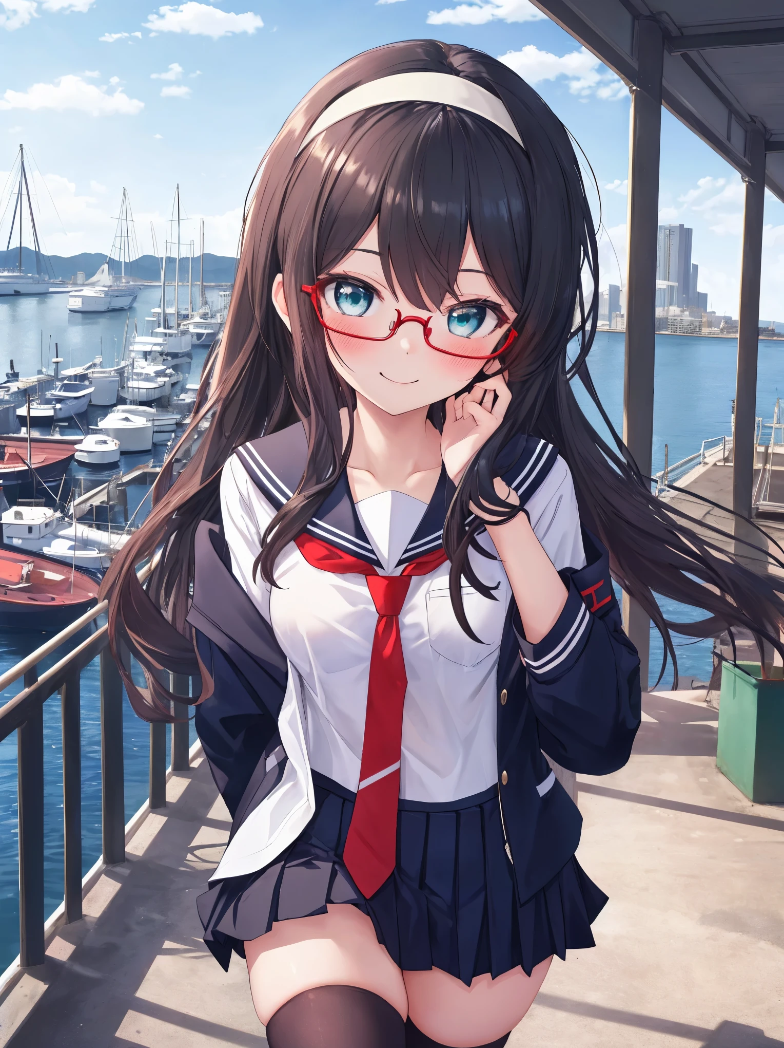 masterpiece, best quality, integrated scenery, integrated background, extremely delicate and beautiful, meticulous details, good composition, , cute face, perfect face, perfect hands,  best quality, masterpiece, highres, solo, {ooyodo_kantaicollection:1.15}, black_hair, long_hair, glasses, hairband, semi-rimless_eyewear, under-rim_eyewear, blue_eyes, green_eyes, blush,small_breasts, 1girl, school_uniform, serafuku, pleats_skirt, looking_at_viewer, necktie, harbor_town_background, red_necktie,(angry:0.7),smile,,thigh-highs,solo