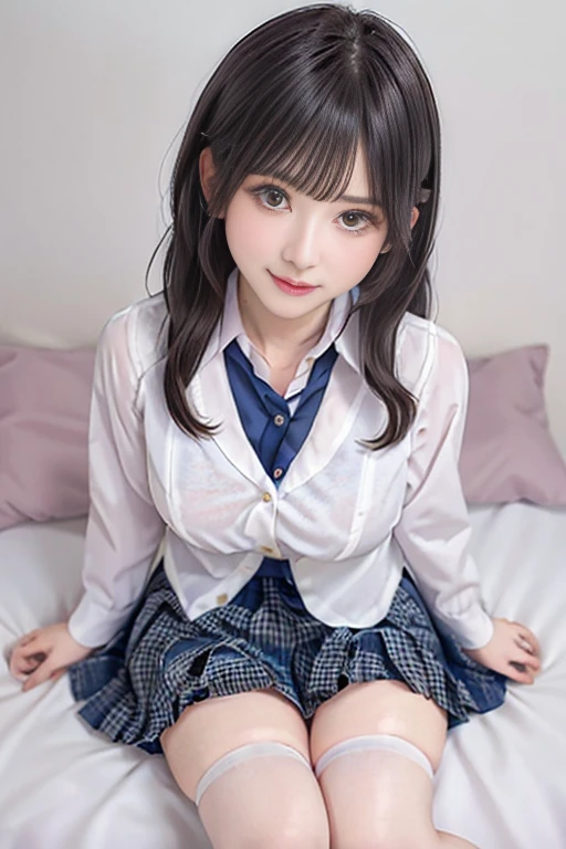 , best quality,8k, masterpiece,  ultra high resolution, (Photographically: 1.4),, (((2girls)))､{{whole body!!}},(((Big Breasts))),another々Hair Color、another々Hairstyle, ((Seductive smirking )) , {{Big Breasts!!}}, Big Breasts,,{ School Uniform }、(open shirt)、( School Uniform )，Micro Mini Skirt、 micro mini skirt 、***のCute room、Side by side、( sit in bed), Sisters、cute、cute、( thick thighs )､ cleavage､, (((2girls)))，Cute room，