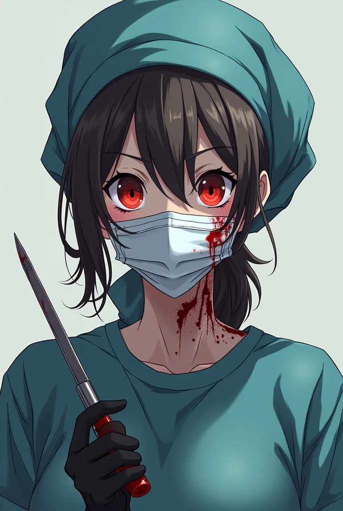 Anime Surgical nurse wearing a bouffant cap surgical mask a face shield and black latex gloves holding a scalpel all of her ppe is bloody her gloves and surgical mask are covered in blood splotches has red eyes