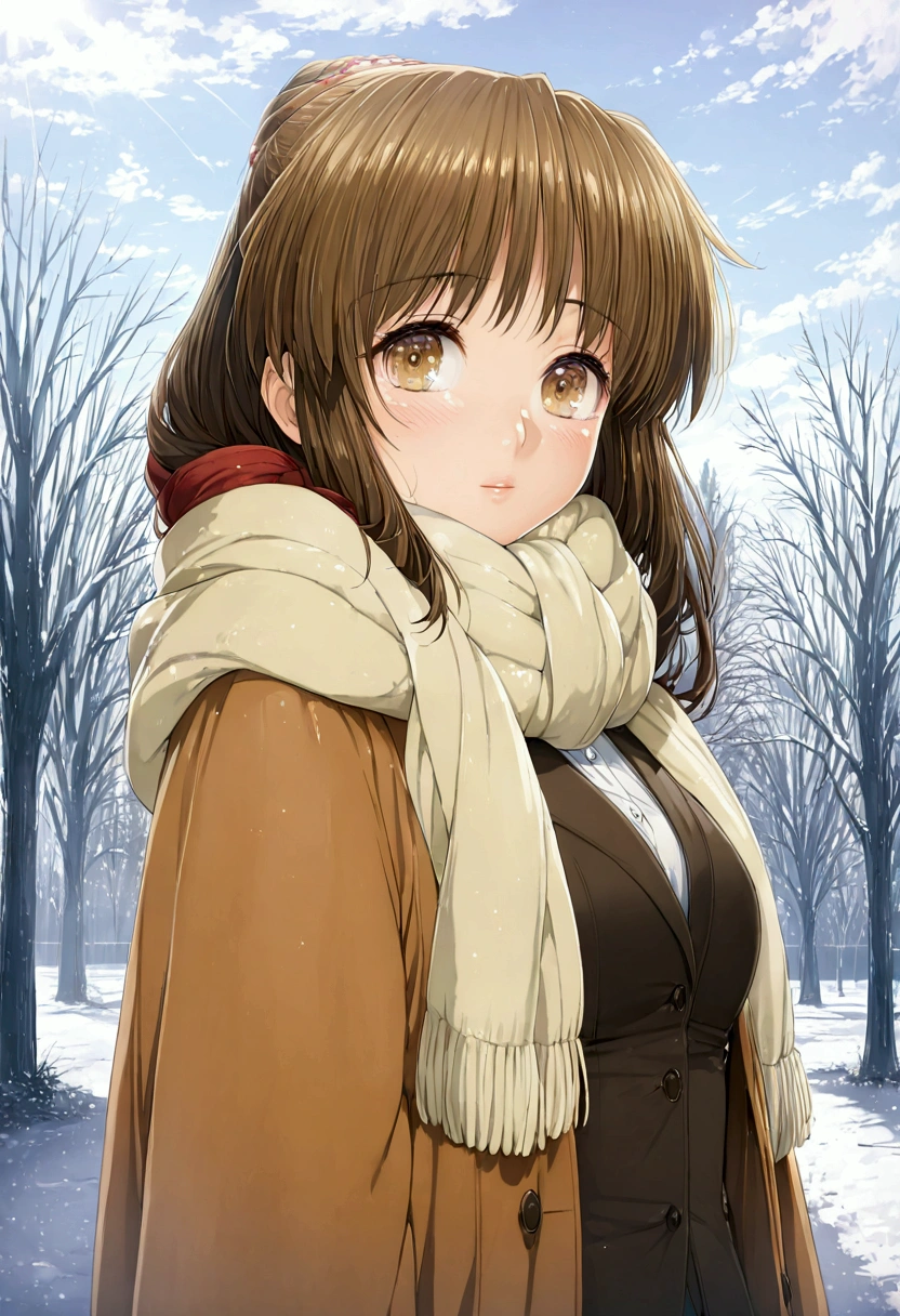 Beautiful anime woman, wearing a scarf around her neck, winter day, brown hair and a cold face, calm and stiff, look at the viewer with a soft gaze