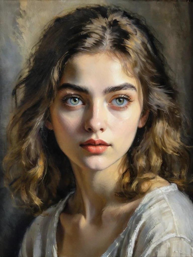 Top quality, super detailed, oil painting, contemporary art, intricate details, portrait of one girl, soft shoulder-length hair, sexy expression with eyes slightly open, long eyelashes, soft t-shirt, light and shadow, create a dramatic atmosphere by making a contrast of light, inspired by El Greco, Rembrandt, masterpiece
