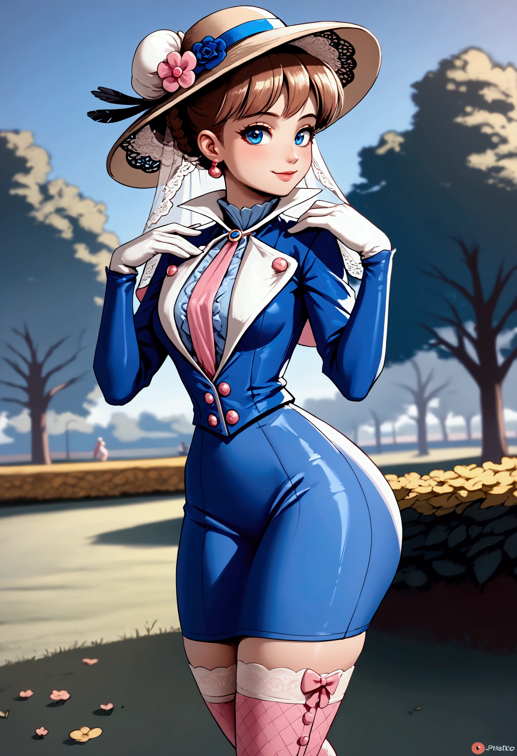 score_9, score_8_up, score_7_up, (masterpiece, UHD, 8K, 16K, ultra detailed), 1female, Humanized Minnie Mouse as a brunette girl of the 1890s flirting with a horny 69yo man, (((stylish blue 1890_dr3ss:1.5, high-collar blue shirtwaist with long puff leg o'mutton sleeves tucked into white gloves, medium-brim pink strawboater hat with veil:1.5, mid-calf blue skirt and petticoats, silk stockings, white ankle-high button boots, hourglass figure))), (Victorian park setting), big blue eyes, pale pinkish complexion, (((small chest, massive butt, brunette hair with bangs, tied into bun))), park background, (depth of field), bokeh, diffused light, dramatic ambient, (full view, rear view)