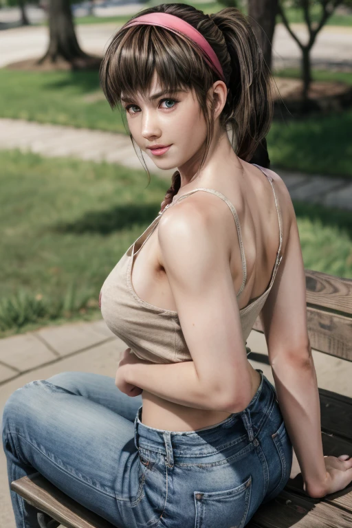 hitomi, tank top, headband, jeans, park bench, sitting, ponytail, show ass