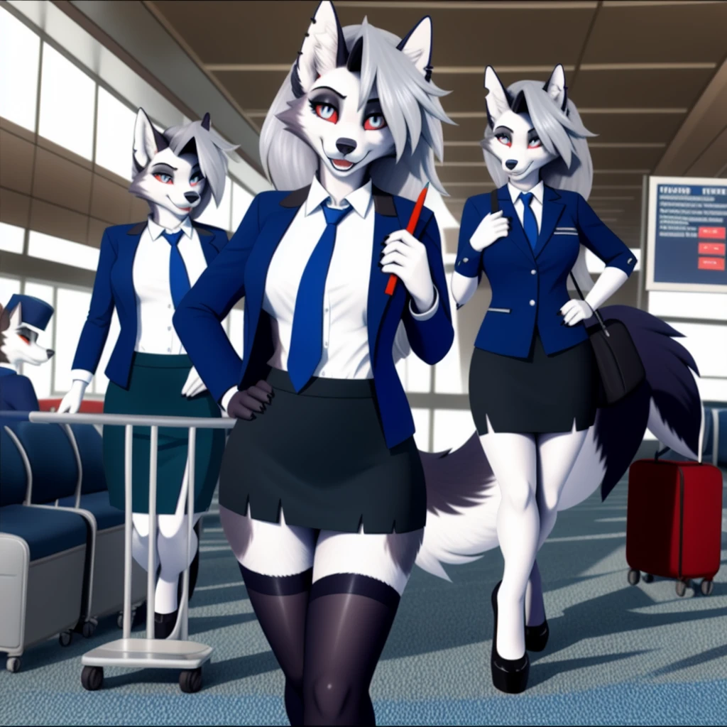 Loona from Helluva Boss, female white wolf, anthro, white hair, grey eyes, adult, tall female, white shirt with tie, black skirt with black pantyhose, inside a train, subway, standing, sadistic smile, detailed, solo, beautiful, high quality, 4K