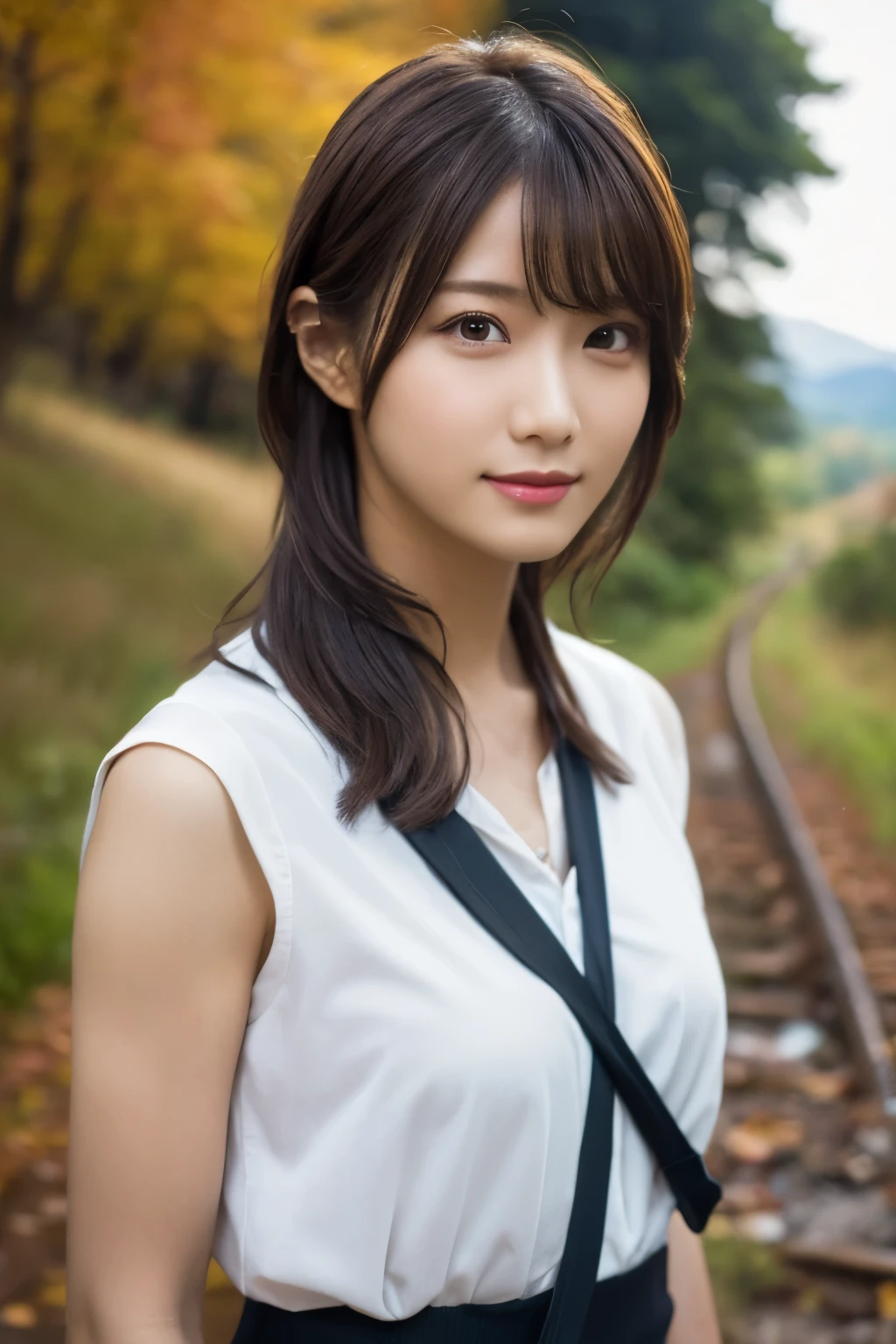  1 girl, A very beautiful portrait of a Japanese singer, (Miniskirt:1.2),
(RAW Photo Best Quality), (Realistic, Realistic:1.4), (masterpiece), 
 Very detailed, 2k wallpaper, wonderful, finely,  Very detailed,  CG Unity 8k Wallpaper ,  Very detailed,  high definition , Soft light, 
 Beautiful Girl Carefully Drawn in Every Detail ,  Very detailedな目と顔,  Beautiful and Elegant Nose ,  beautiful beautiful eyes,  Movie Lighting, 
(Bromide photography ), (short hair), (A shy smile:0.8), (The girl is standing on the ruins of an abandoned railway in a mountainous area:1.2), ( covered with weeds and rusted railroad tracks ), (Decayed sleeper ), (autumn leaves),
 perfect anatomy , Slender body,  smaller breasts, Thin legs, whole body