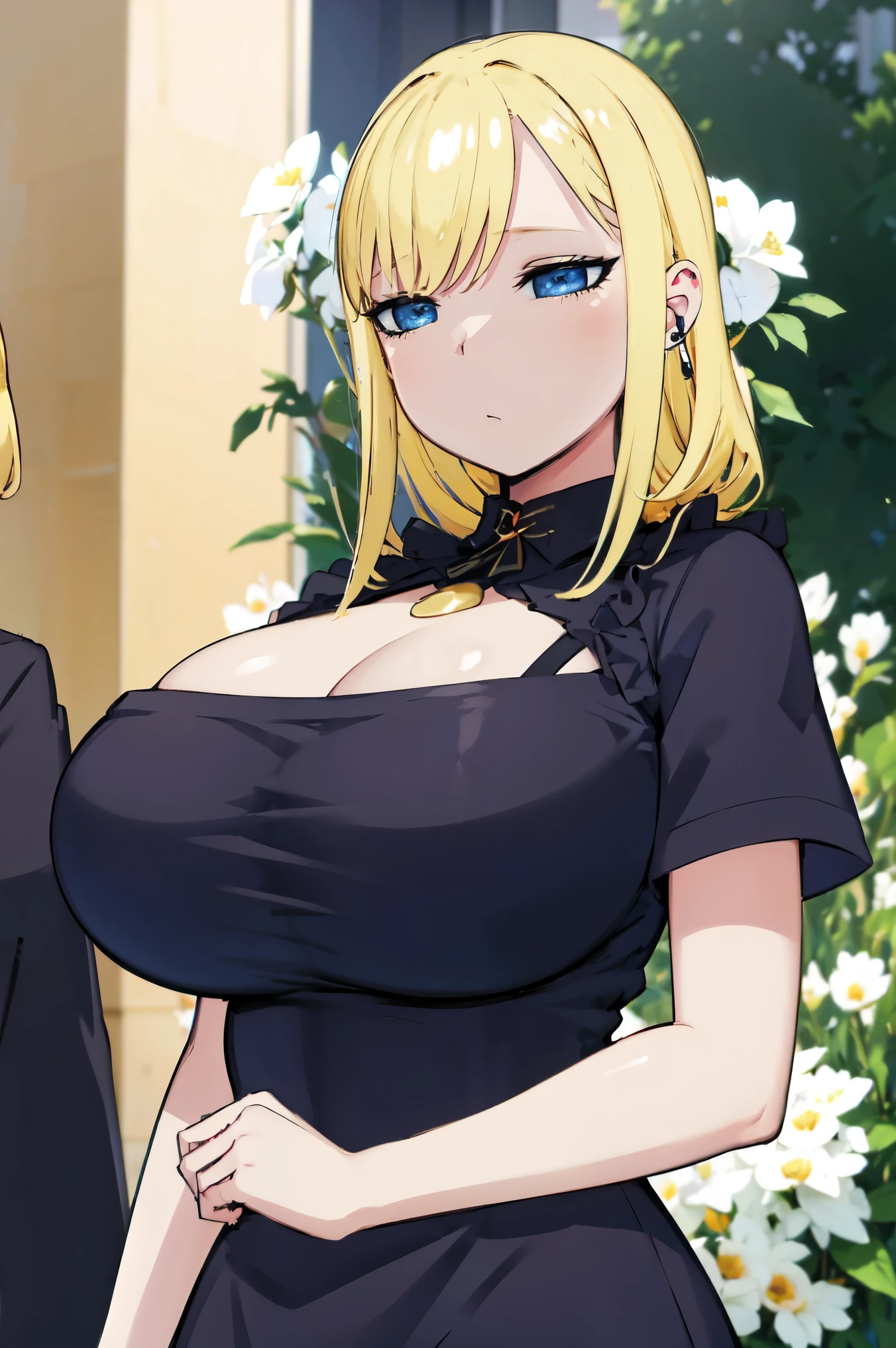 Blonde hair, huge tits   , (((black dress))),  thick, busty, blue eyes, ((upperbody)), emotionless, cleavage, flower garden