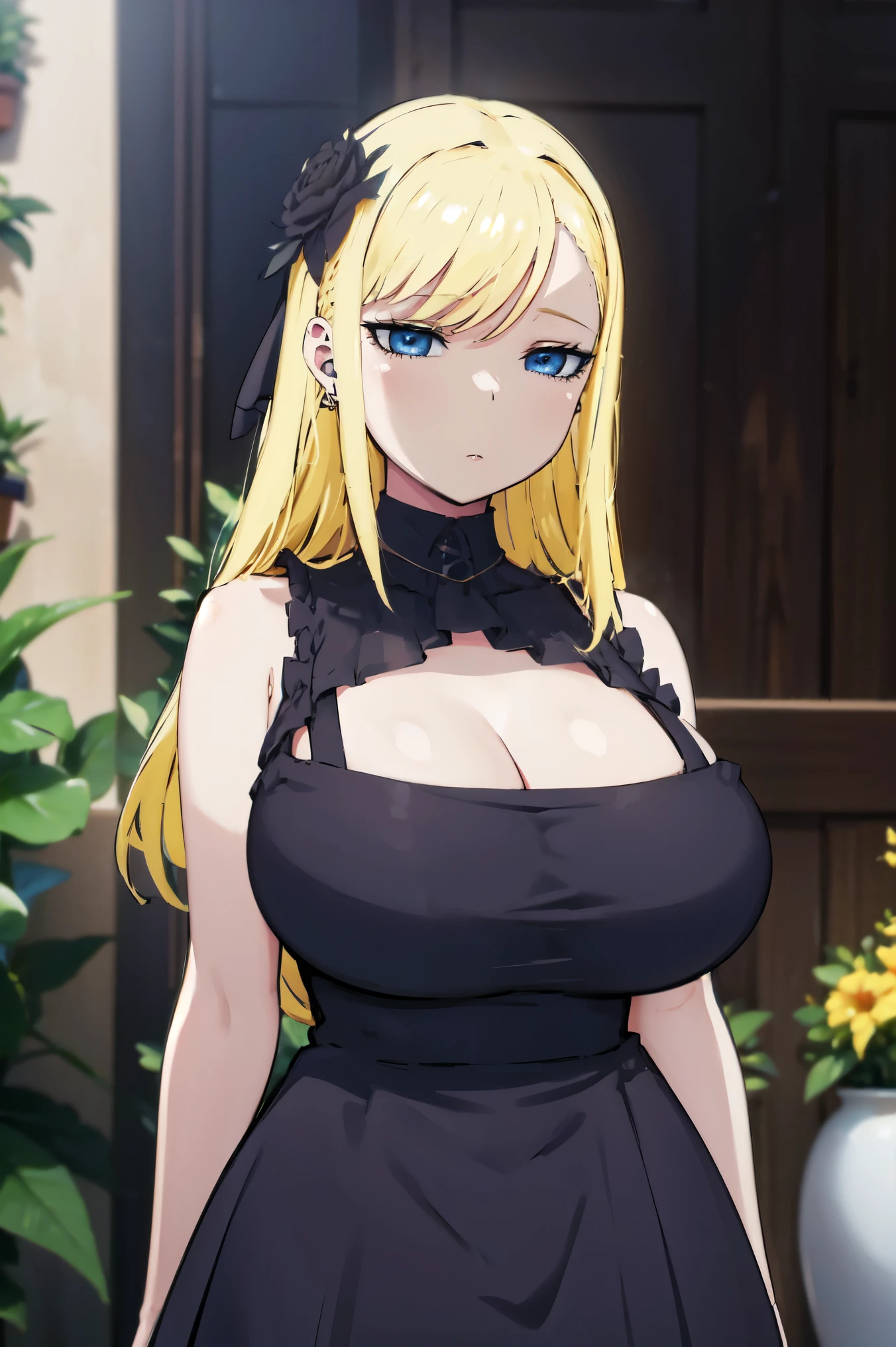 Blonde hair, huge tits   , (((black dress))),  thick, busty, blue eyes, ((upperbody)), emotionless, cleavage, flower garden