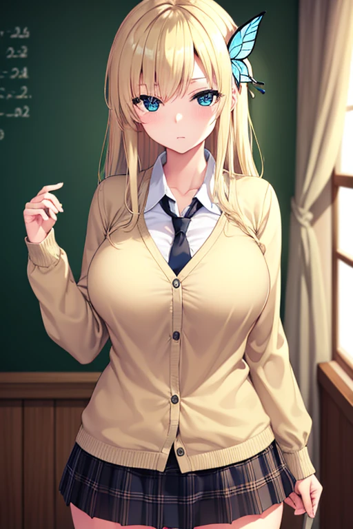 senakashiwazaki, sena kashiwazaki, blonde hair, butterfly hair ornament, hair ornament, long hair,
BREAK cardigan, checkered clothes, checkered skirt, jacket, long sleeves, necktie, school uniform, shirt, skirt, st. chronica academy school uniform, big breast, thigths, wide hips, 
BREAK indoors, classroom,
BREAK looking at viewer, (cowboy shot:1.5),
BREAK (masterpiece:1.2), best quality, high resolution, unity 8k wallpaper, (illustration:0.8), (beautiful detailed eyes:1.6), extremely detailed face, perfect lighting, extremely detailed CG, (perfect hands, perfect anatomy),