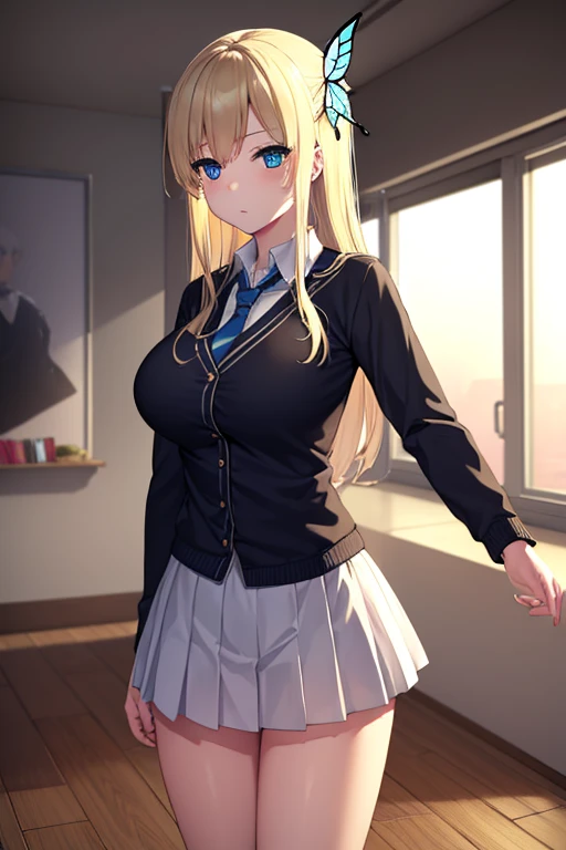 senakashiwazaki, sena kashiwazaki, blonde hair, butterfly hair ornament, hair ornament, long hair,
BREAK cardigan, checkered clothes, checkered skirt, jacket, long sleeves, necktie, school uniform, shirt, skirt, st. chronica academy school uniform, big breast, thigths, wide hips, 
BREAK indoors, classroom,
BREAK looking at viewer, (cowboy shot:1.5),
BREAK (masterpiece:1.2), best quality, high resolution, unity 8k wallpaper, (illustration:0.8), (beautiful detailed eyes:1.6), extremely detailed face, perfect lighting, extremely detailed CG, (perfect hands, perfect anatomy),