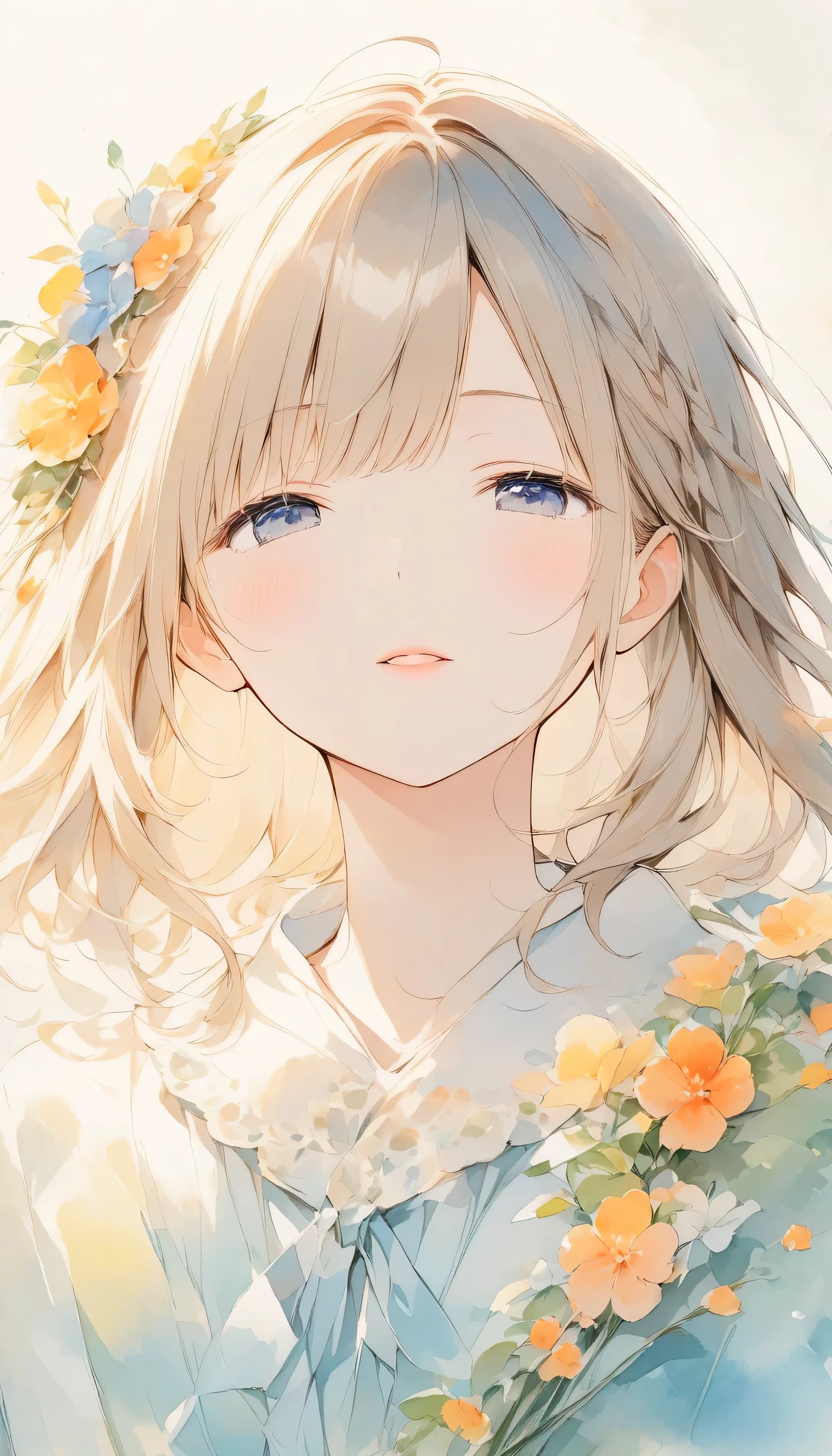 Light color、Watercolor,2.5D,#SDXL、 1 Girl Waiting For Her Lover's Kiss、Facing the viewer from the front、 face focus、The angle from above is cute、Beautiful Half Closed Eyes 、Glossy lips、 soft colored artwork 、warm, antique