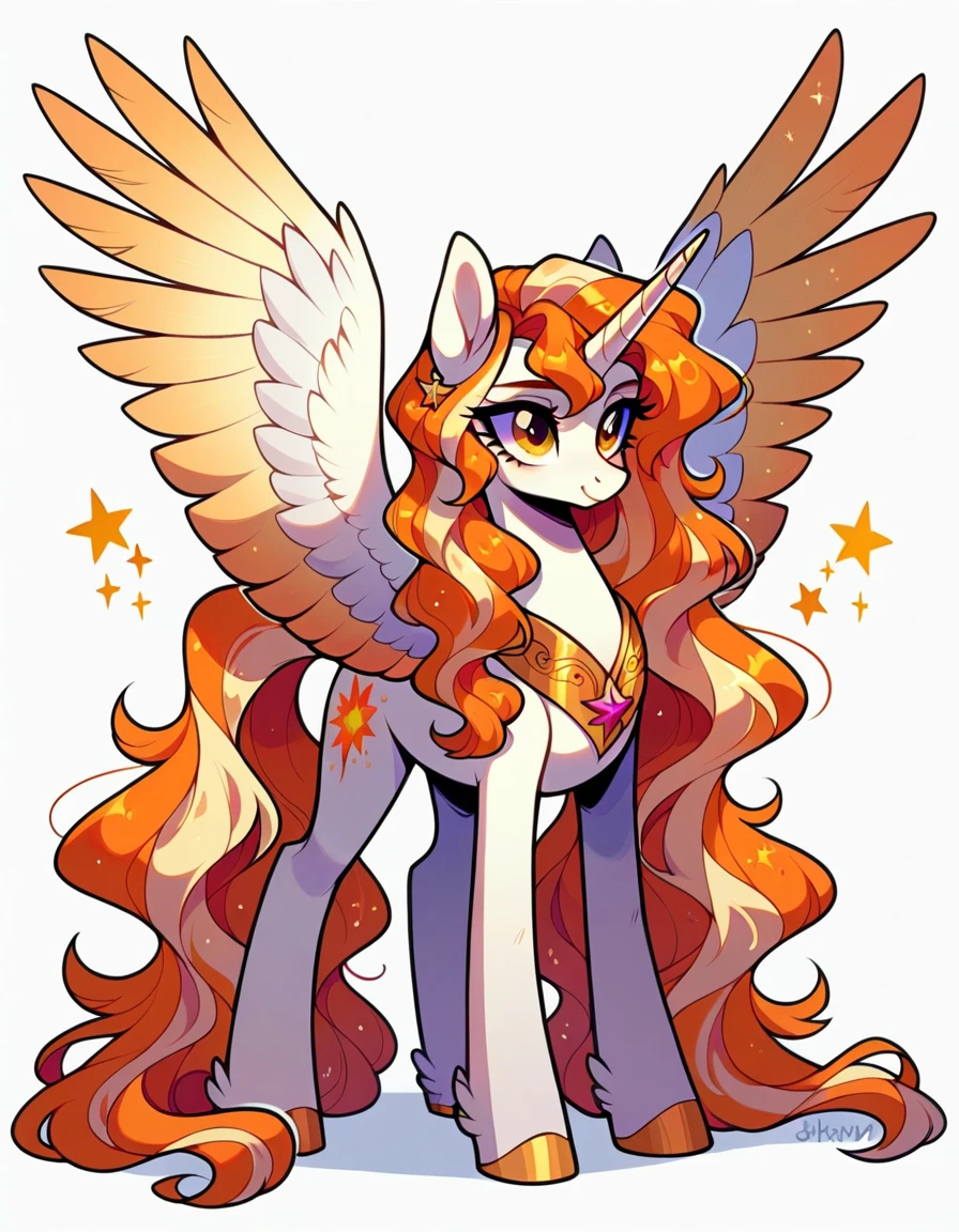 Create a 《My Little Pony》Role，woman，Alicorn，Very tall ，Very thick legs ， single pale platinum fur ， golden eyes，Orange flowing hair with a touch of blond，Hairstyles similar to Kiana， The wings have gold edges ， the ends of the hooves have a golden edge ， The wings are retracted ， orange five-pointed star logo ，Standing full body figure ， pure white background 。