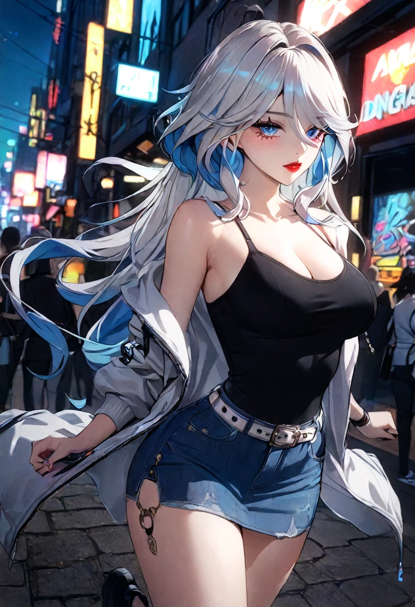 1girl, beautiful detailed eyes, beautiful detailed lips, hip-hop style outfit, street style fashion, urban city background, neon lights, vibrant colors, dynamic pose, graffiti art, cinematic lighting, , showing bare shoulders, cleavage,big breasts, 8k, high quality, cinematic, highly detailed, sharp focus,physically-based rendering,extreme detail description,professional,vivid colors,bokeh,portraits, dynamic angle, furina \(genshin impact\), heterochromia, best quality, masterpiece), whole body, mature female, unaestheticXL_bp5, (negative_v2 Color_Balance_Calibration:0.8), SimplePositiveXLv2 Street, night , street, best quality, masterpiece), 1women ,4k, 8k, uhd, hdr, detailed background,mature female, makeup, lipstick, red lipstick, whole body, full body shot