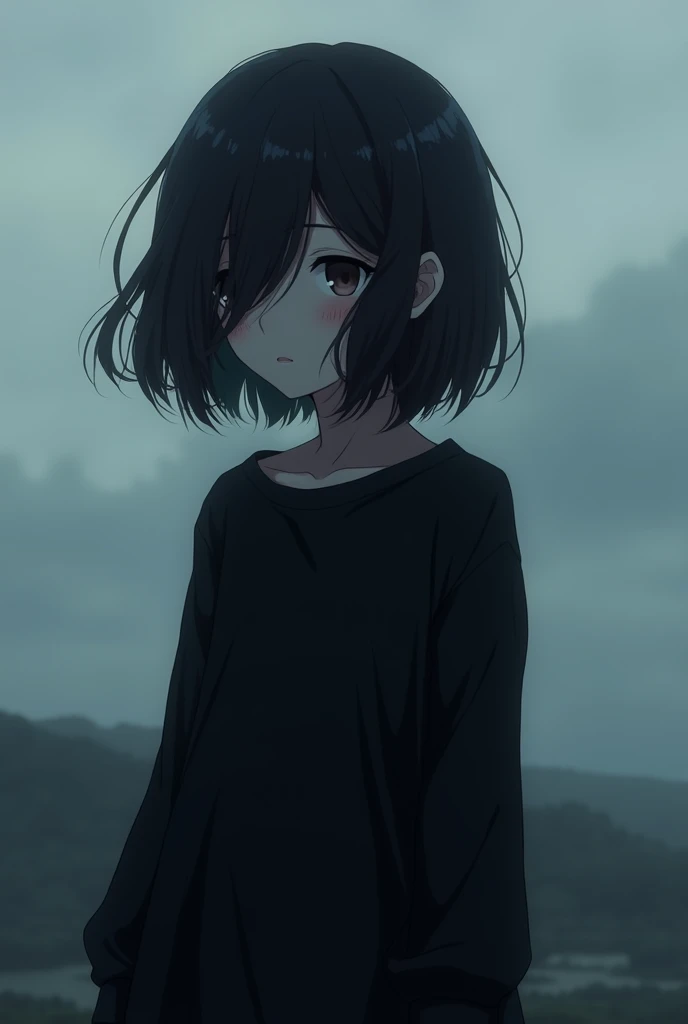 Product illustration of a girl in the rain,cherry blossoms,water中で,water,black hair,short bob,playing in the river