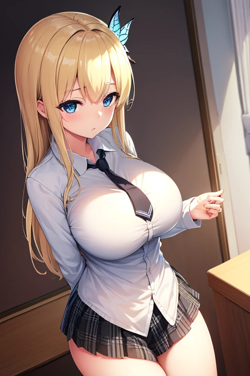 senakashiwazaki, sena kashiwazaki, blonde hair, butterfly hair ornament, hair ornament, long hair,
BREAK cardigan, checkered clothes, checkered skirt, jacket, long sleeves, necktie, school uniform, shirt, skirt, st. chronica academy school uniform, ((big breast, thigths, wide hips)), covered nipples, 
BREAK indoors, classroom,
BREAK looking at viewer, (cowboy shot:1.5),
BREAK (masterpiece:1.2), best quality, high resolution, unity 8k wallpaper, (illustration:0.8), (beautiful detailed eyes:1.6), extremely detailed face, perfect lighting, extremely detailed CG, (perfect hands, perfect anatomy),