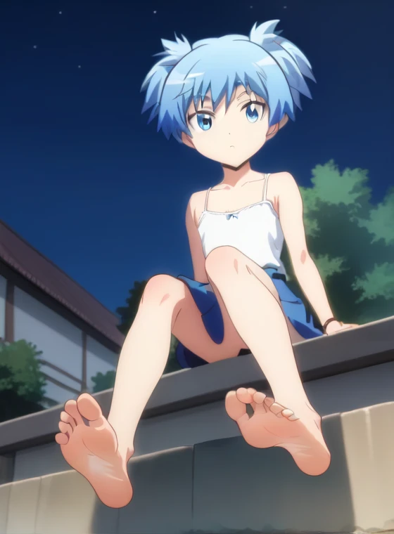 Score_9, score_8_up, source_anime, 1boy, Nagisa Shiota, big eyes, alone, looking at viewer, in the garden, night, sitting, cowboy shot, ANIME SCREENCAP, anime coloring, barefoot, perfect feet, anatomically correct, soles, low angle, focal length 35mm, each foot has five toes, front, symmetrical soles, foot focus, long blue skirt, white camisole, blue hair, zoom on feet