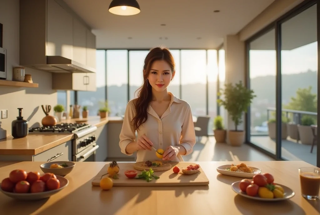 Lisamy is cooking in modern kitchen, panoramic view of the kitchen, front angle into kitchen