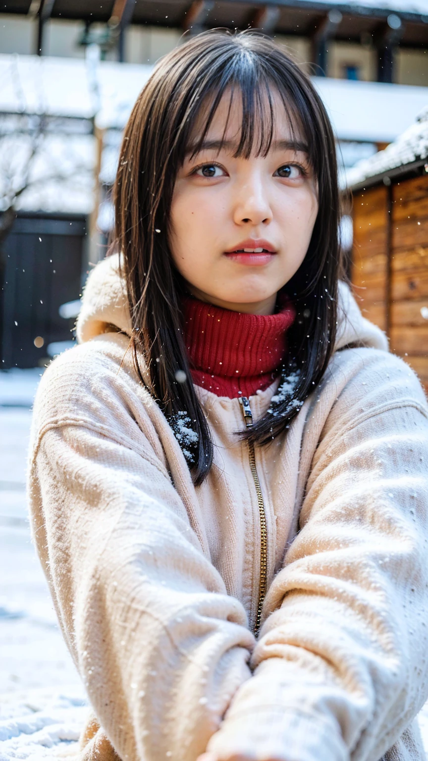 (8k, RAW High Quality Detailed Photo Realistic Close Up Portrait,masterpiece:1.2),(Realistic,photoRealistic),     1 girl,    short bob，(   snowy mountains，winter，It's snowing a lot ，Ski wear, Front View，  full body shot  )