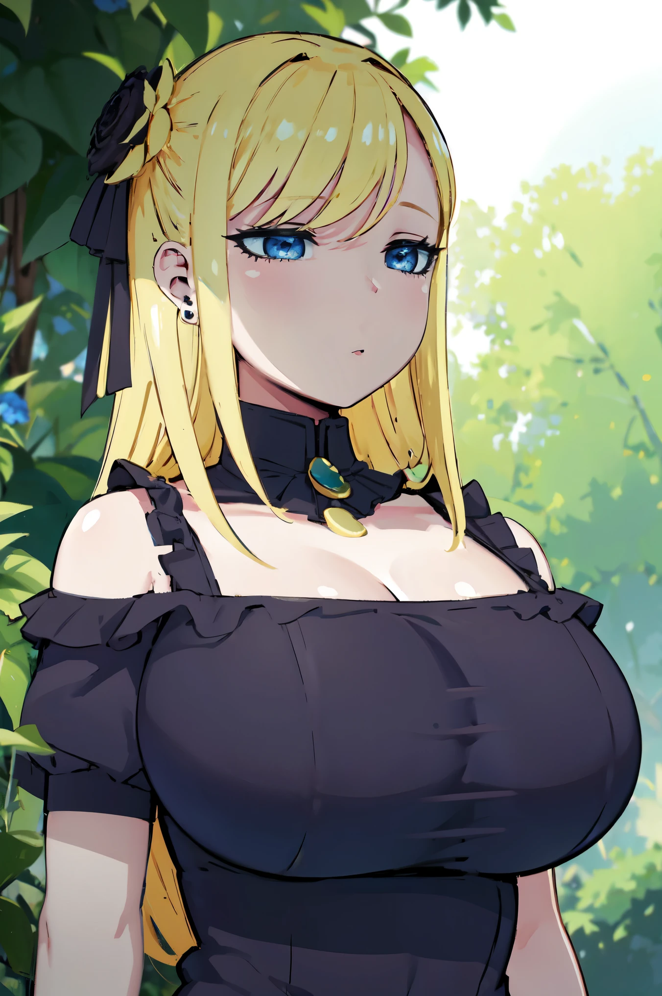 Blonde hair, huge tits   , (((black dress))),  thick, busty, blue eyes, ((upperbody)), emotionless, cleavage, flower garden