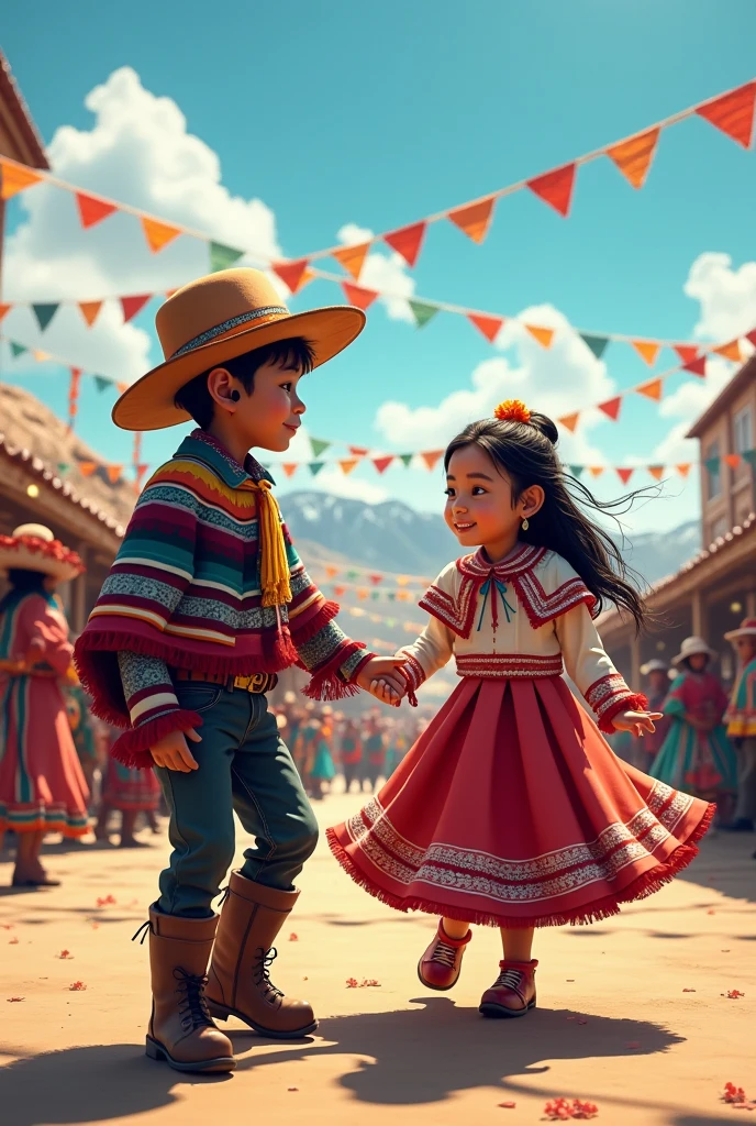 Create an image for me of a girl and a boy dancing Chilean cueca and dressed in typical Chilean huaso costume