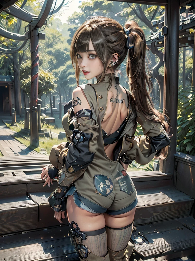 (Full Body View:1.4)、(Back view:1.4)、(Look over your shoulder:1.3)、(Please smile with your teeth showing:1.4),(Shibuya Gal:1.5)、(Goth Style Fashion:1.5)、(Tattered khaki and gray futuristic micro high leg bodysuit:1.5)、(Tattered Khaki and Beige Micro Fancy Sleeves:1.5)、(Tattered khaki micro shorts:1.5)、(Brown and khaki knee socks:1.3)、(camouflage:1.3)、(Military jacket:1.4)、Brown boots、Khaki gloves、internal、(underwear is small:1.4)、2、(Posing as a gravure model:1.3)、((Highest quality、8k、masterpiece:1.3))、One person、The beauty of slim abs:1.3、(Hairstyle Casual、Big Tits:1.1)、dress:1.1、Super small face、Narrow eyes、double eyelid、Laughter、Esbian all over body、Dynamic Angle、Close-up、CPL Filter、Blurred Background、Bokeh、Blue Hour、Detailed face and skin texture、Detailed Eyes,(Twin tails:1.3)、(Golden brown hair:1.4)、Gravure idol pose、(Background: Beautiful ancient palace in the deep forest:1.3)、(The body is slim:1.2),(Slim legs:1.4),(clavicle:1.1)