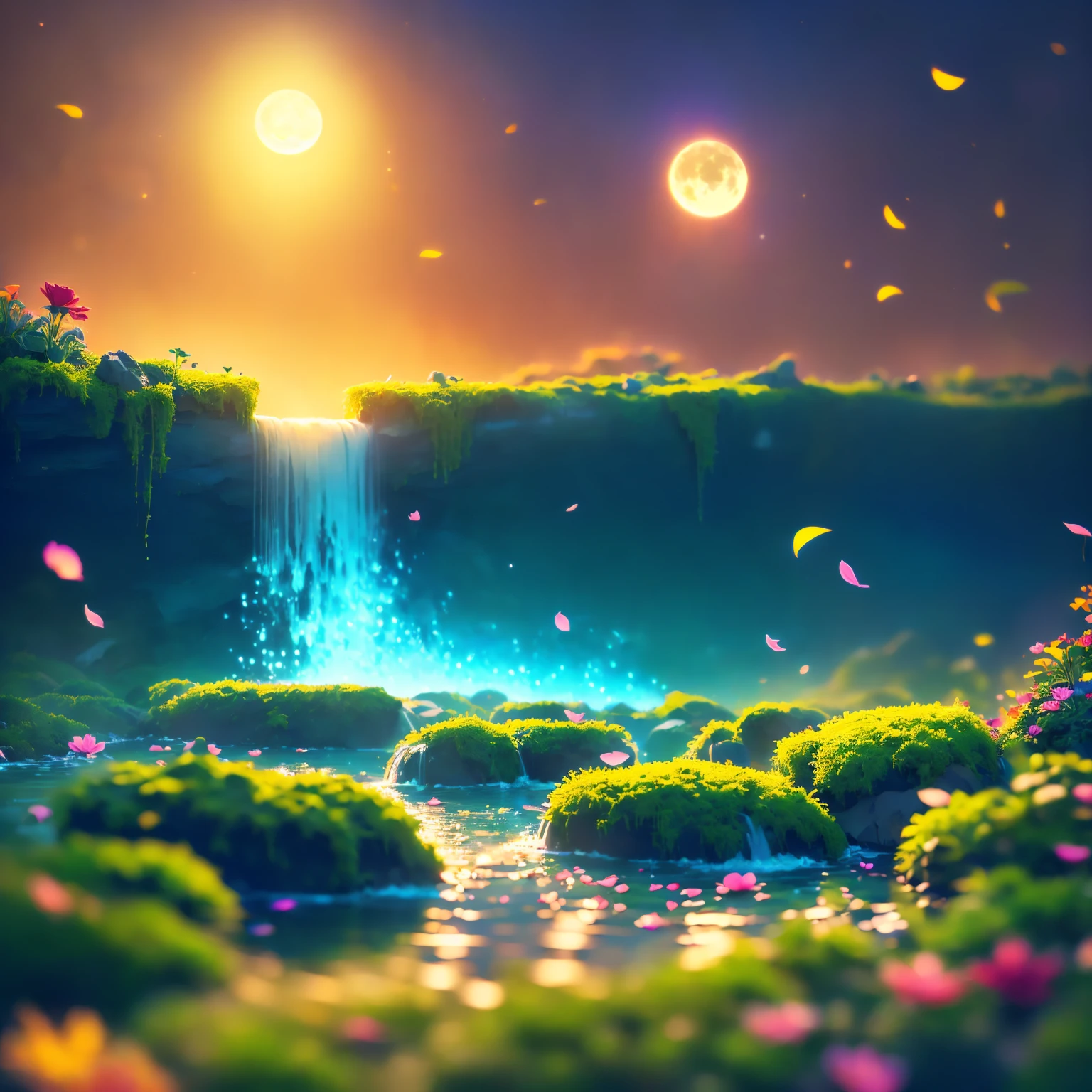 8K quality,(super masterpiece:1.3), best quality, detailed images,Lego AI(A lot of petals are dancing, fantastic waterfall,moss,水moss,lake,lake畔,full moon,Small Saturn ,Small Earth, starry sky ,background(Sunset sea,Sunset sky, gradient )).