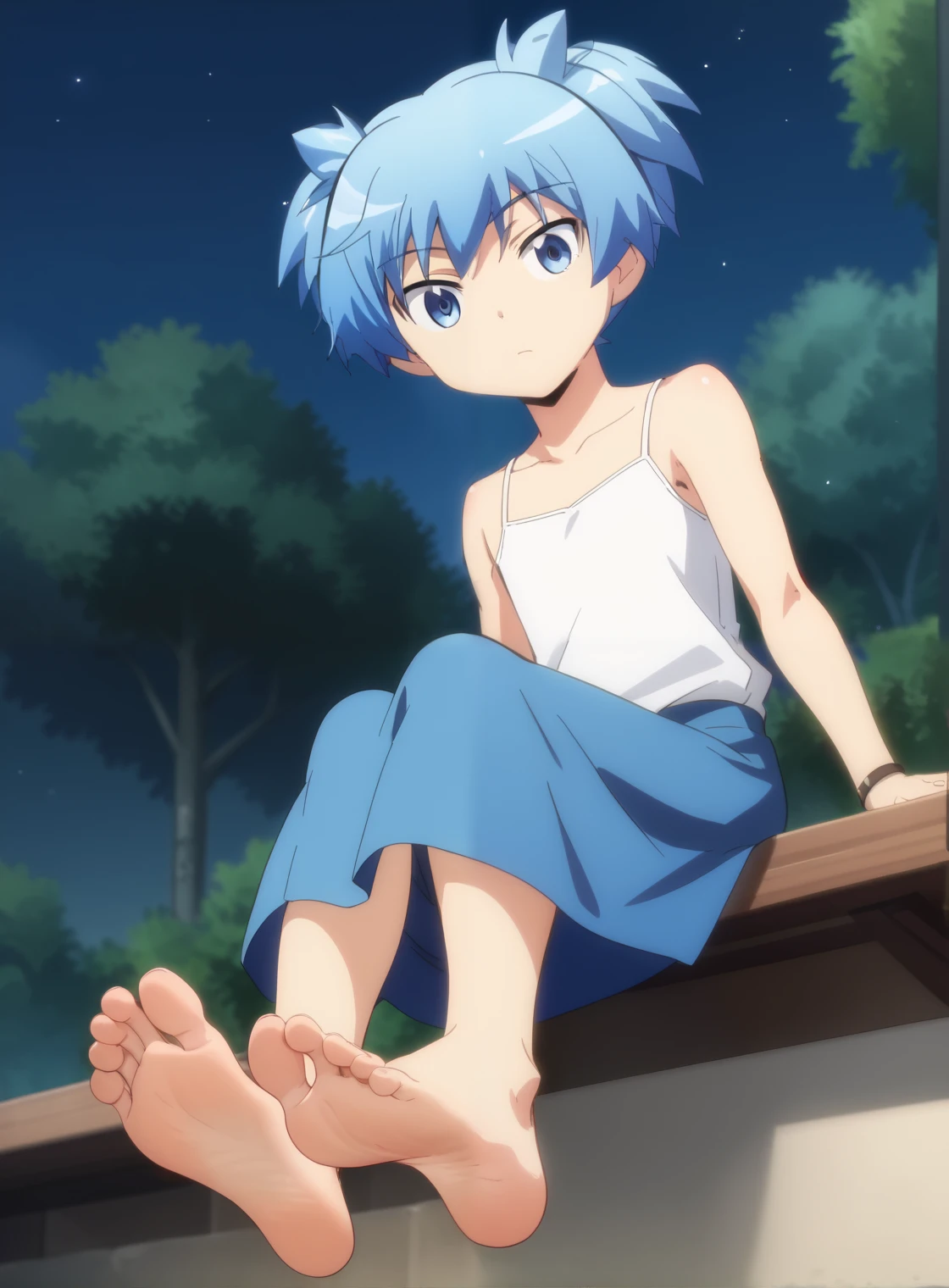 Score_9, score_8_up, source_anime, 1boy, Nagisa Shiota, big eyes, alone, looking at viewer, in the garden, night, sitting, cowboy shot, ANIME SCREENCAP, anime coloring, barefoot, perfect feet, anatomically correct, soles, low angle, focal length 35mm, each foot has five toes, front, symmetrical soles, foot focus, long blue skirt, white camisole, blue hair, zoom on feet