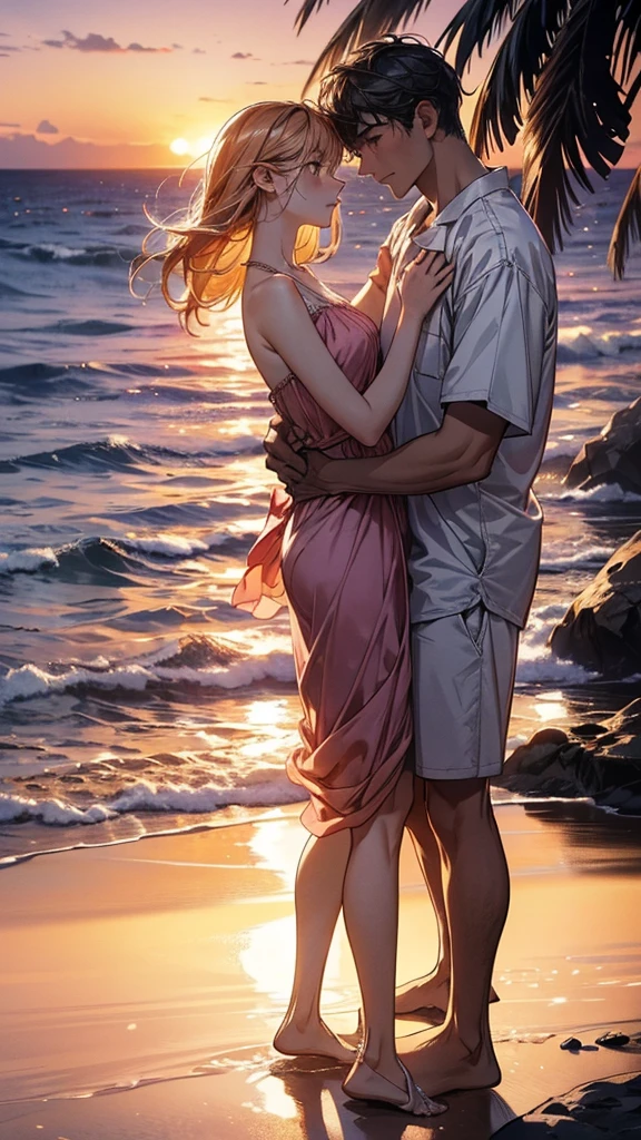 A blissful couple runs hand in hand on the golden sandy beach, their faces radiant with happiness under the warm, high saturation sunlight. The fine details of their faces, with natural wrinkles and sweat glistening on their foreheads, are captured in this realistic style, 4K masterpiece. Each footprint they leave behind is etched in the sand, adding to the energetic and lively atmosphere. Seagulls fly overhead, their sharp silhouettes contrasting against the bright sky. Waves crash onto the shore, leaving a frothy white foam that glimmers in the sunlight. The couple's laughter echoes through the still air, bringing a sense of peace and contentment to
