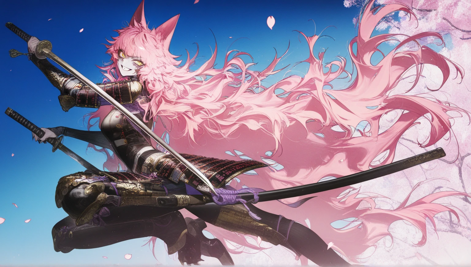 masterpiece, best quality, good quality, newest,  au (d elete), rella, liduke, pigeon666, reoen, very aesthetic, 1girl, dynamic pose, dynamic angle, japanese armor, jumping, holding katana, pink hair, very long hair, messy hair, wolf hair, wolf ears, yellow eyes, grin, fang, cherry blossoms, petals, blue sky, intense pink, gradient sky, solo focus, portrait, from side, dutch angle