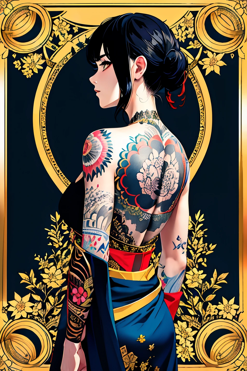 (obra-prima, qualidade superior, melhor qualidade, arte oficial, beautiful and aesthetic: 1.2), 1menina, tatuagem, solo, roupas japonesas, ornamento de cabelo, desembainhamento, cabelo preto, bainha, tatuagem nas costas, olhos azuis, fora do ombro, ombros nus, looking behind, from behind, flor, olhando para o espectador, segurando, maquiagem,
Interior a geometric minimalist wolf forming a strings of dream catcher tattoo