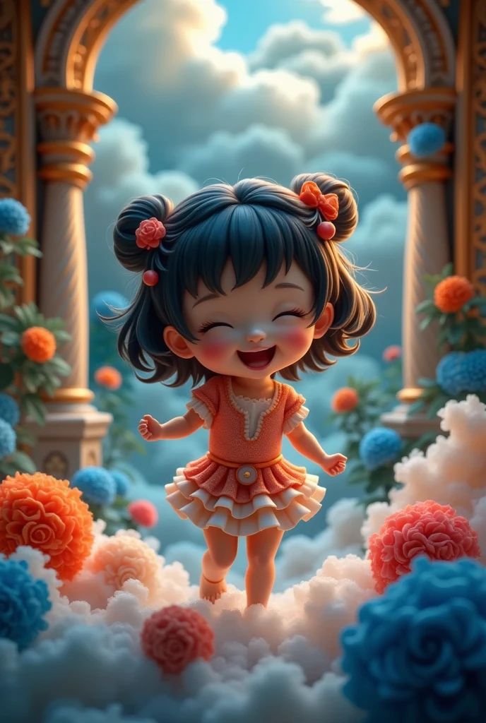 Chibi style girl, playful expression, bending over, laughing, Baroque style, Chinese three-dimensional, high saturation, bright colors, colorful and vibrant,