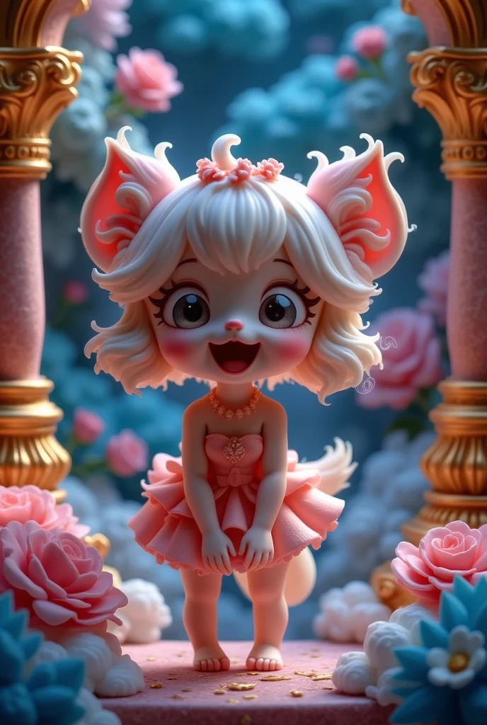 Chibi style girl, playful expression, bending over, laughing, Baroque style, Chinese three-dimensional, high saturation, bright colors, colorful and vibrant,