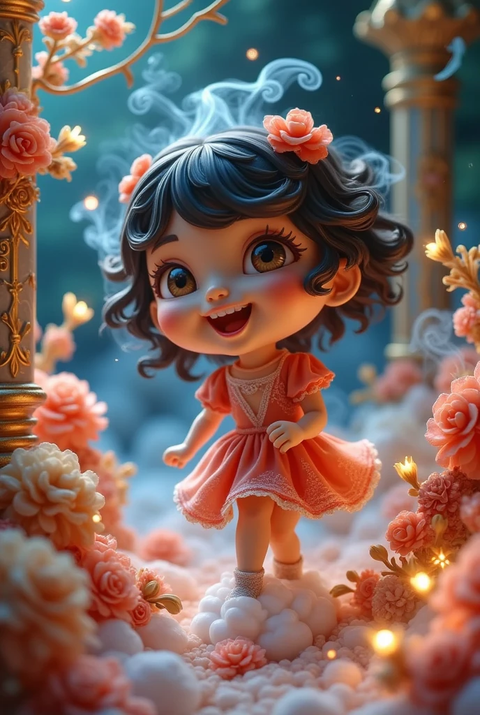 Chibi style girl, playful expression, bending over, laughing, Baroque style, Chinese three-dimensional, high saturation, bright colors, colorful and vibrant,