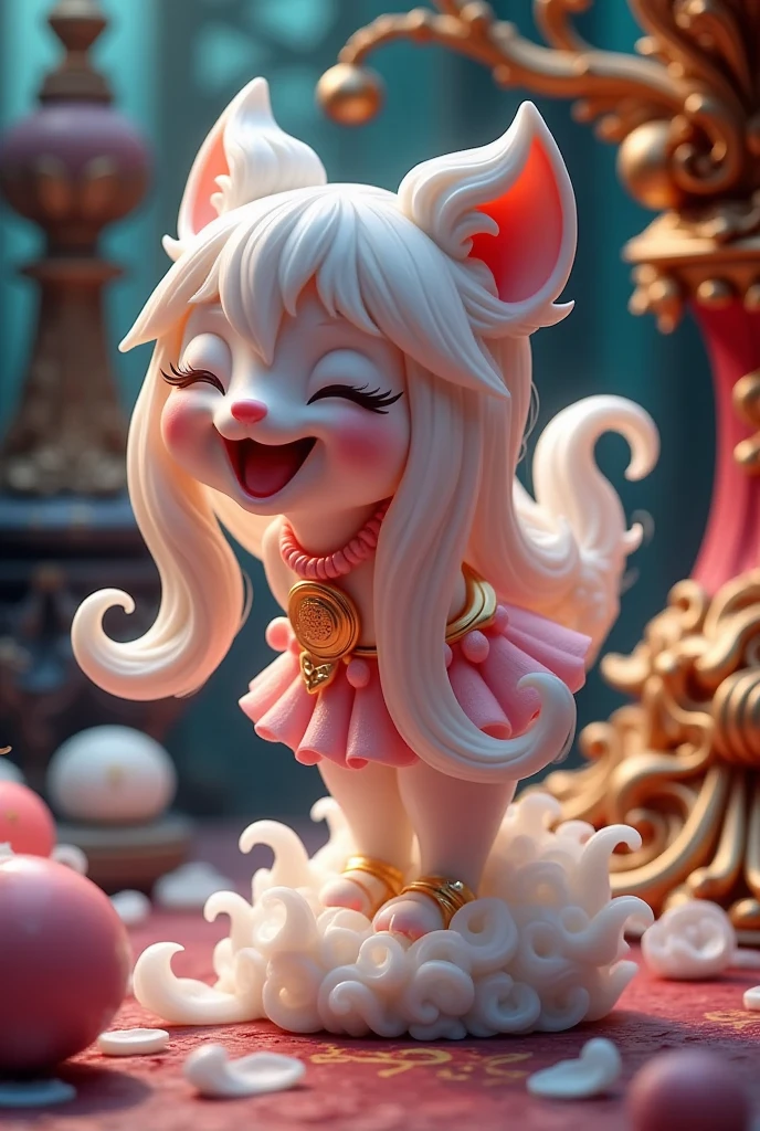 Chibi style girl, playful expression, bending over, laughing, Baroque style, Chinese three-dimensional, high saturation, bright colors, colorful and vibrant,