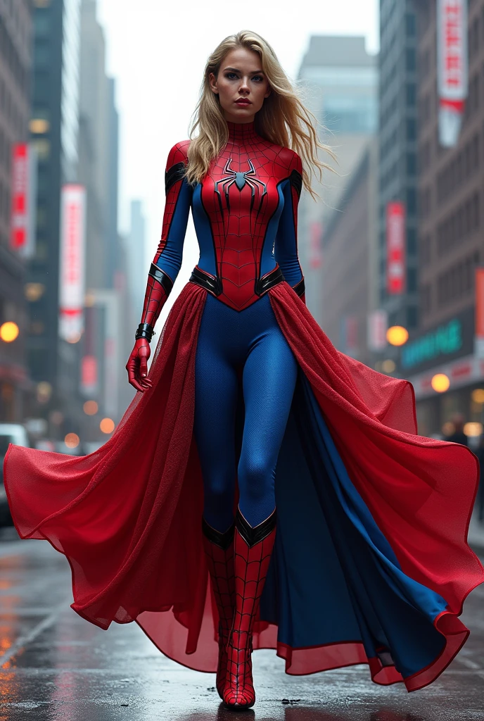 Spider Gwen or Spider-Woman wears a sleek red and blue bodysuit with a web pattern, a matching red and blue skirt, and a spider logo on her chest. She stands in an agile, ready-to-leap pose, one hand extended as if ready to shoot webs
