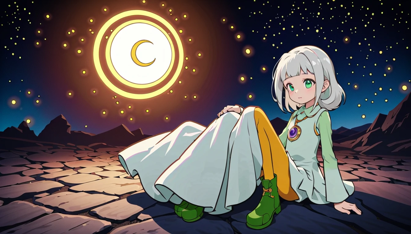 1girl, green eyes, purple pendant, orange hair, medium hair +++ yellow pantyhose, green dress,  light green shirt, green boots Hiding face with arm, looking to the side, extremely quality extremely detailed, illustration, cute anime face cinematic lighting,(  digital art :0.2),( best quality),(masterpiece),((Girl sitting on the lunar crescent)), delicately drawn face,She had a beautiful face .,((Alone)),beautiful and exquisite blue eyes , white fashion,(( White Costumes )),((White Skirt)),( beautiful silky white hair :1.2), Movie Lighting,Abstract, Beautiful Artistic Illustration , Heart-shaped full body image , starry sky ,( wide shot)