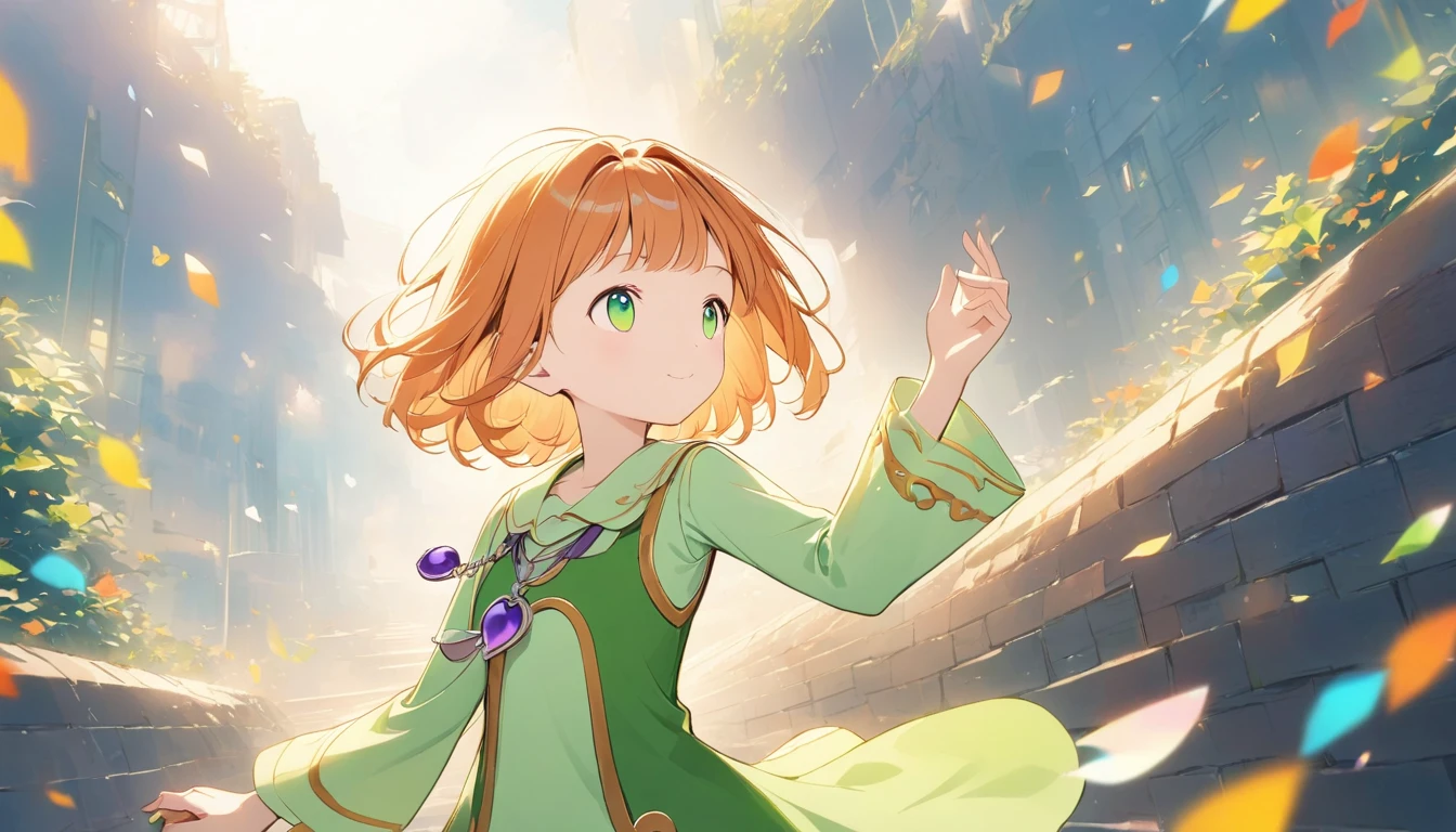 1girl, green eyes, purple pendant, orange hair, medium hair +++ yellow pantyhose, green dress,  light green shirt, green boots Hiding face with arm, looking to the side, extremely quality extremely detailed, illustration, cute anime face cinematic lighting,Light color、Double Exposure,萬花筒般,#SDXL、 one girl who is at ease,cute、Focus on the girl、 using colorful colors、 stylish style like a cauldron