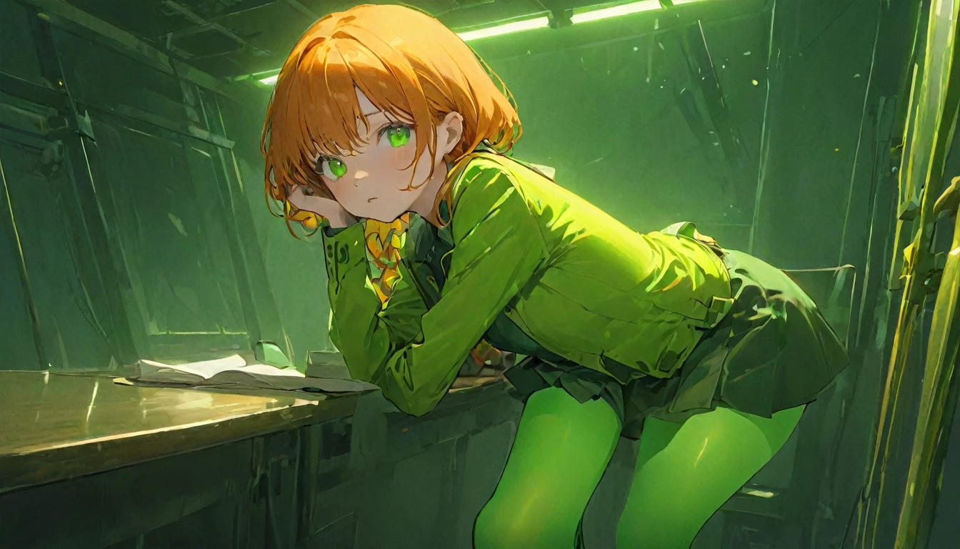 1girl, green eyes, purple pendant, orange hair, medium hair +++ yellow pantyhose, green dress,  light green shirt, green boots Hiding face with arm, looking to the side, extremely quality extremely detailed, illustration, cute anime face cinematic lighting, table top naked underneath the jacket, higheSt quality, 8k, S, , the abSurdity of life,  award winning portrait , Alone,   knight , neon, Idol&#39;S face, violet, GardeniaS,  delicate girl,  upper body,  DSLRs,  Show viewer , Frank, SophiSticated, Thin armS, ProfeSSional Lighting,  Film Grain,  Color Difference, (Eye and facial detailS:1.0), (Bokeh:1.1)、(See-through School SwimSuit)))、 Software :1.5)))、