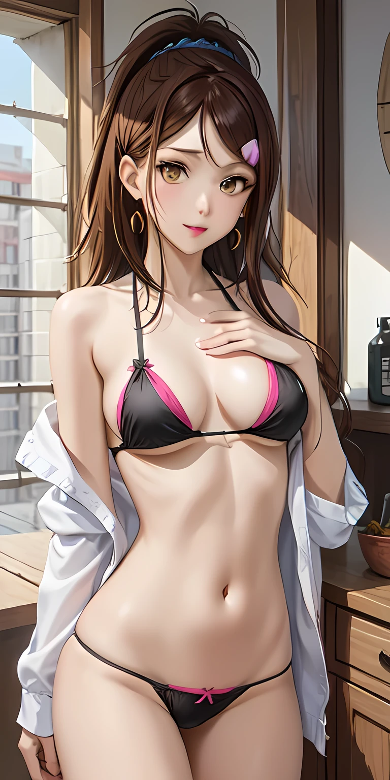 wzbachou _mouki、 medium hair、Brown Hair、 low ponytail、Scrunchie、 hair clips、 yellow eyes、Magatama earrings 、lipstick、Lip Makeup、 cute face、 Wearing a micro bikini 、indoor、 Perfect Body 、Outdoor、((Tall、 skinny、 beautiful breasts、 small breasts))、 1 Girl 、(masterpiece:1.3)、 High Quality 、 high definition 、 absurd、solo