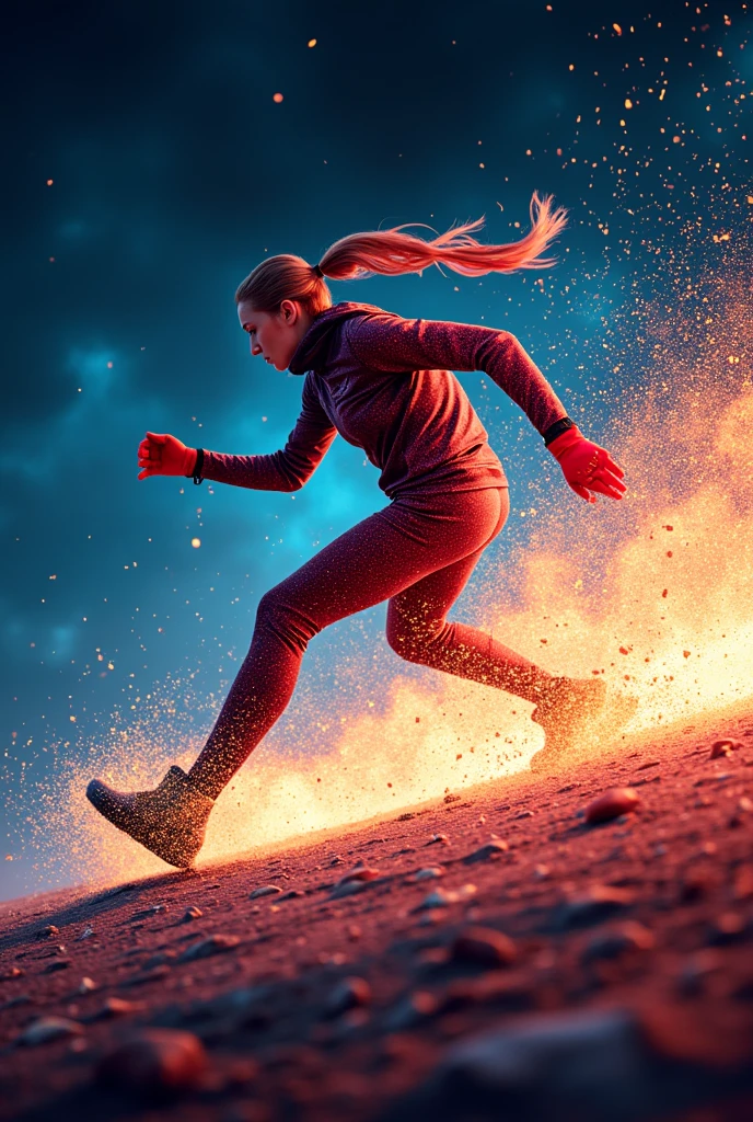A person running at 90 km/h, This person is shouting put it on 12, fire coming out of her feet, add the phrase boot to 12, where the person is shouting it