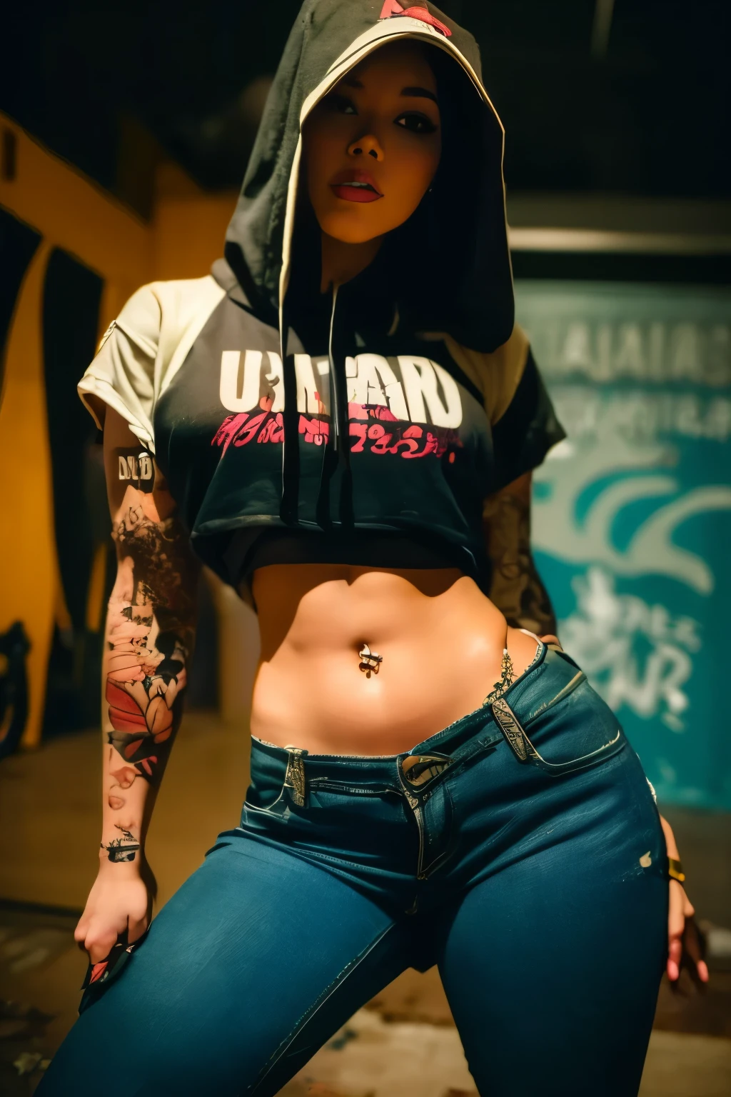 Down viewer. The most beautiful and sexy urban Girl in Dynamic pose, wearing hoodie, graphic t-shirt, torn skinny jeans and highly detailed, tons of tattoos and piercings, highly detailed background, perfect masterpiece, high quality, high resolution. Urban graffiti Background.