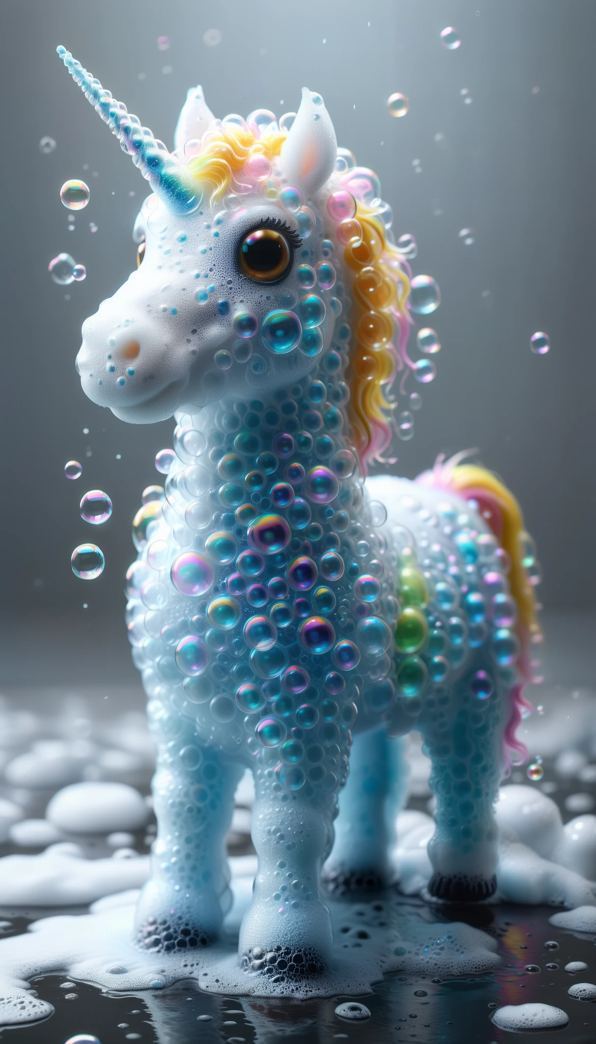 A colorful, detailed,  realistic unicorn made of bath foam and soap bubbles, (best quality,4k,8k,highres,masterpiece:1.2),ultra-detailed,(realistic,photorealistic,photo-realistic:1.37),hyperrealistic,extremely detailed, vibrant colors, soft lighting, intricate details, iridescent, shimmering, ethereal, dreamlike, 