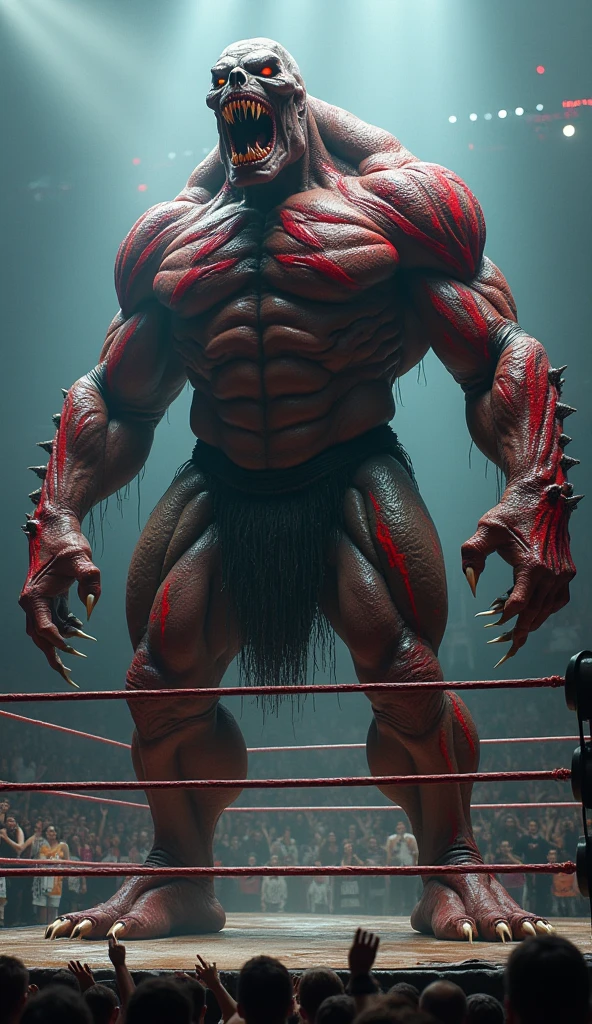 sweaty,muscular orc, hefty, bulging, wearing black thong, bodybuilder competition, on a stage,