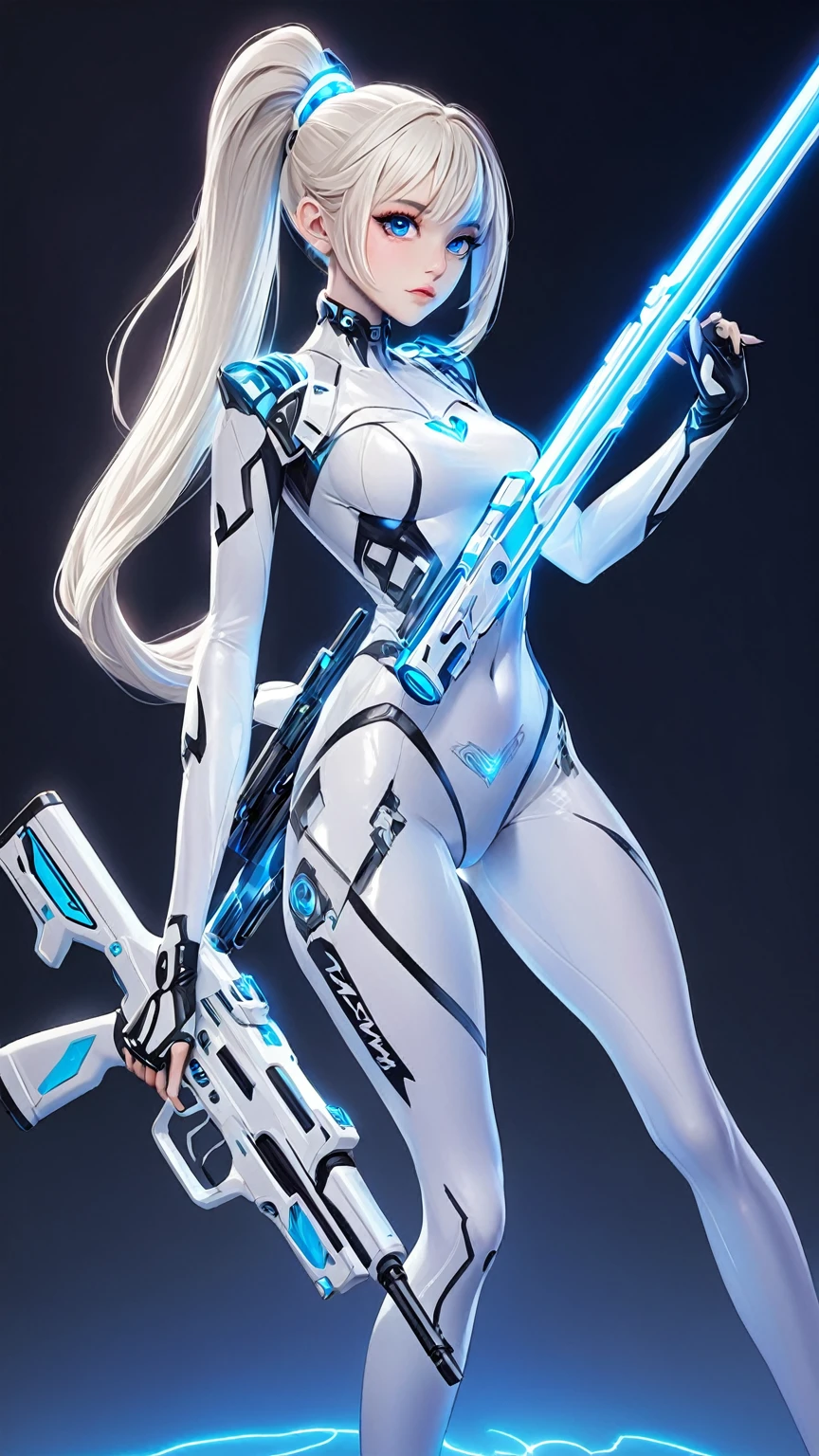 amazing artificial intelligence, Beautiful woman with a robot-like body, surreal, cinematic angle, blue neon blurred background, they appear everywhere, lively, become familiar with, Zuburashi, big breasts, covered nipples, stylish pose, covered navel, big ass